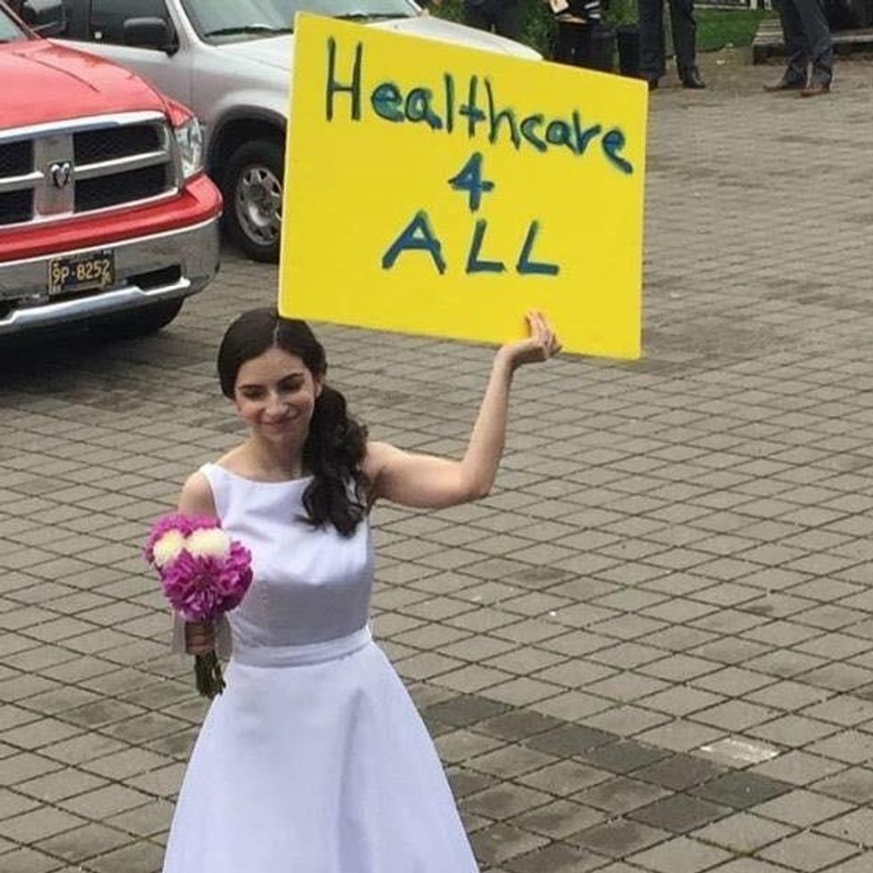 When Robyn Gottlieb, 29, of Portland, Ore., married her fellow Medicare for All champion husband in 2017, they marked their big day with a big message. The couple that fights for Medicare for All together stays together!