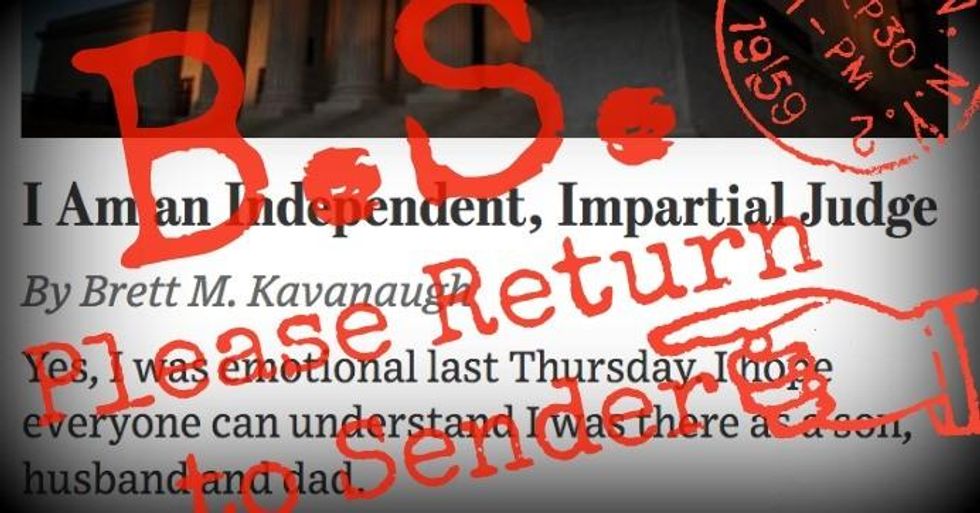 While it remains to be seen if any the senators targeted by the op-ed--some of whom specifically expressed concern about the tone and content of Kavanaugh prepared remarks and his subsequent exchanges with committee members--will be moved by his quite obviously self-serving mea culpa on the eve of a procedural Senate vote scheduled for Friday morning, it was very clear indeed that critics across the internet were beyond unimpressed with the effort. (Image: via Screenshot/WSJ)