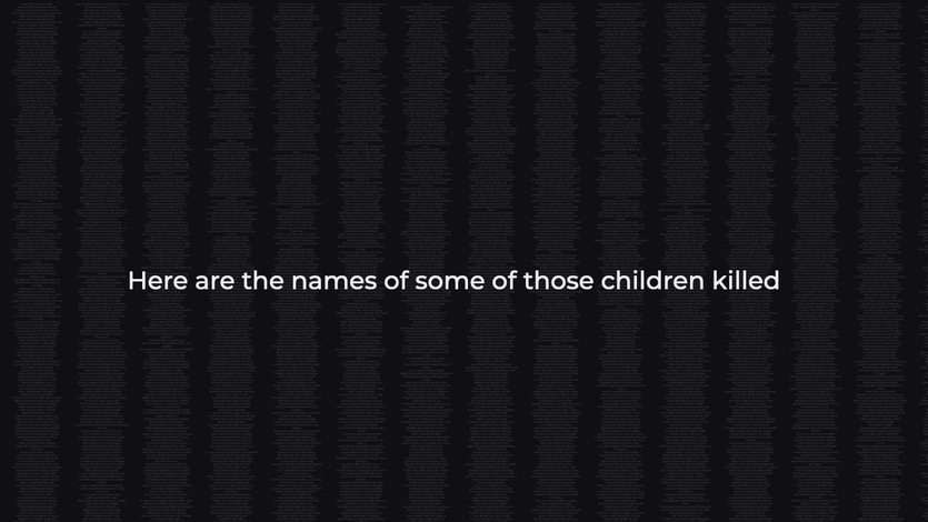 White text on black background states, Here are the names of some of tthose children killed