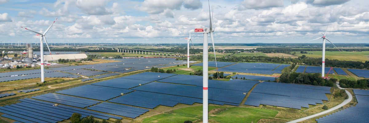 Wind turbines and solar panels are seen on August 30, 2022 in Schleswig-Holstein, Germany