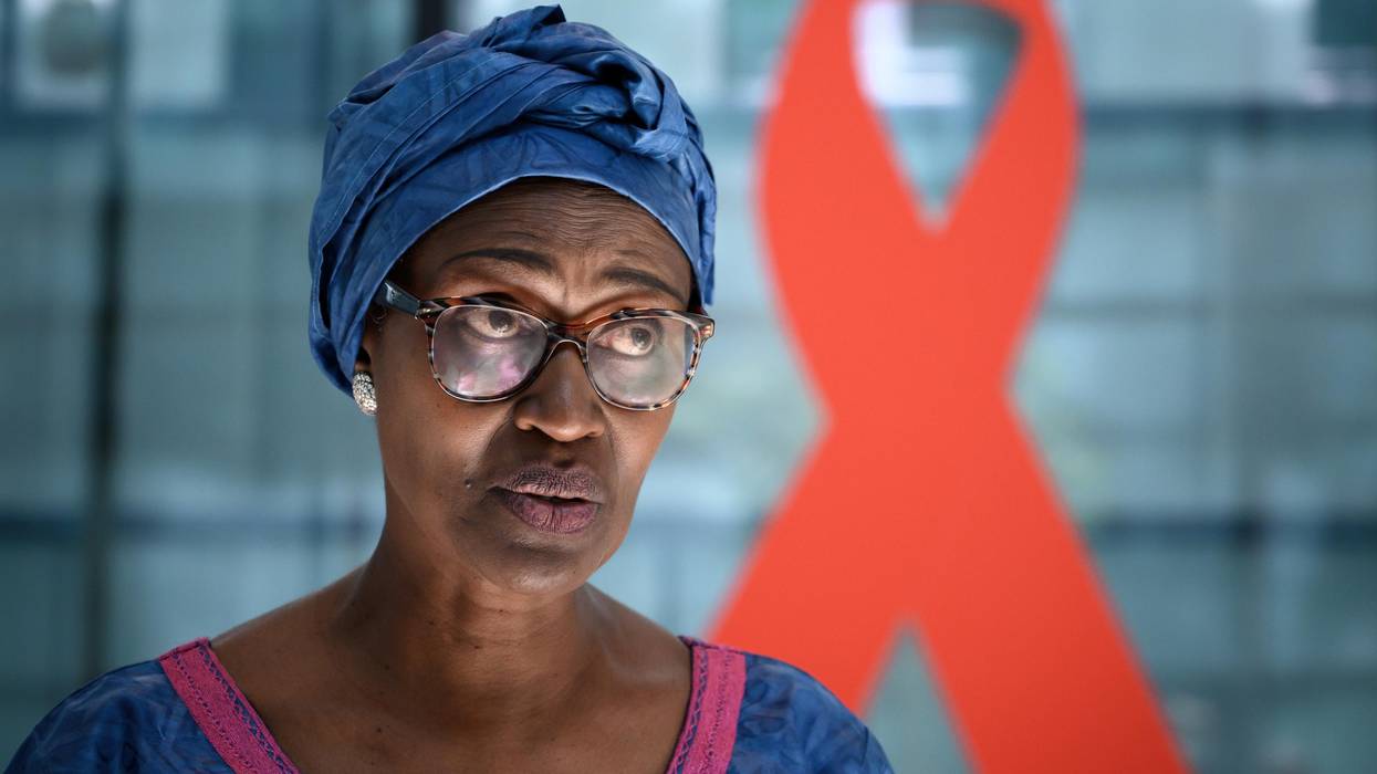 Winnie Byanyima speaks to the press