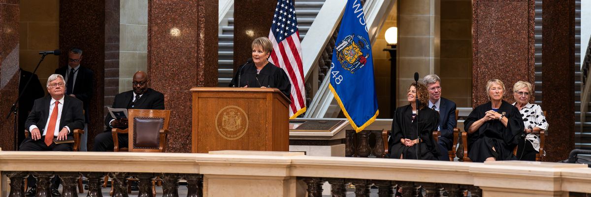 Wisconsin Supreme Court Justice Janet Protasiewicz speaks during her swearing-in ceremony
