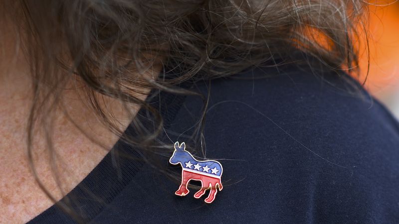 Woman wearing Democratic Party pin.