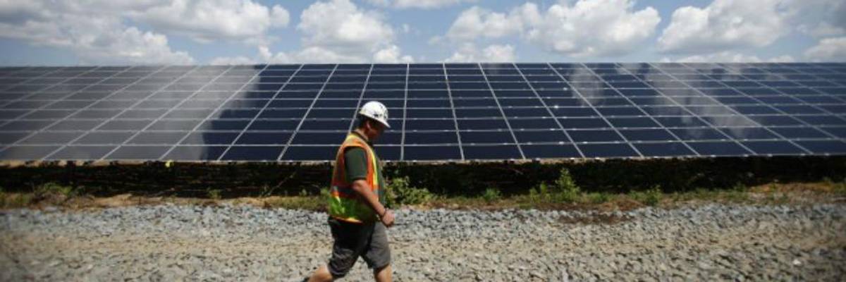 Worker walking by solar array
