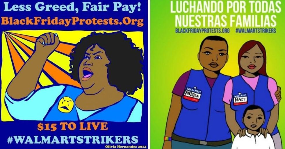 Workers are striking for full-time and living wage work, as well as the right to organize in their workplaces. (Image on left by Olivia Hernandez. Image on right by Julio Salgado)