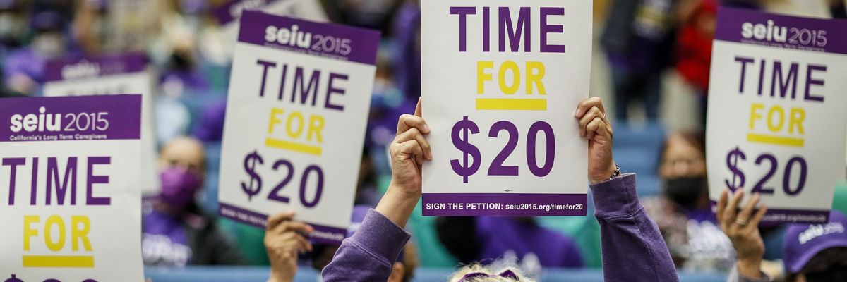 Workers demand a wage increase during a protest in Los Angeles on November 1, 2022