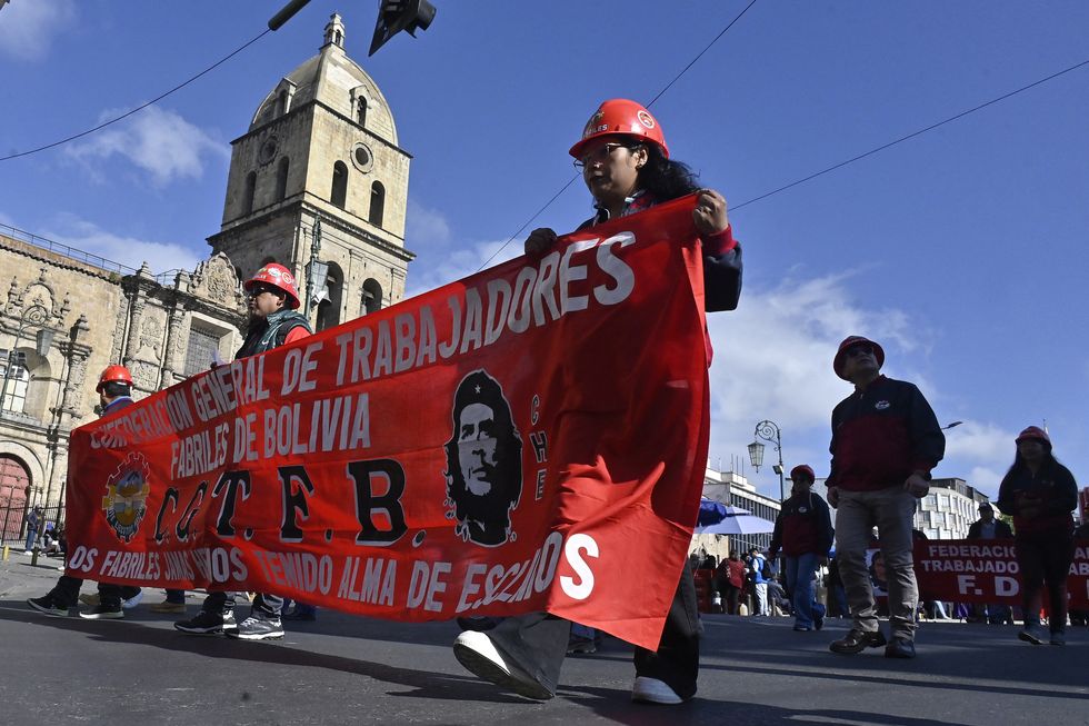 Workers march during a May Day demonstration