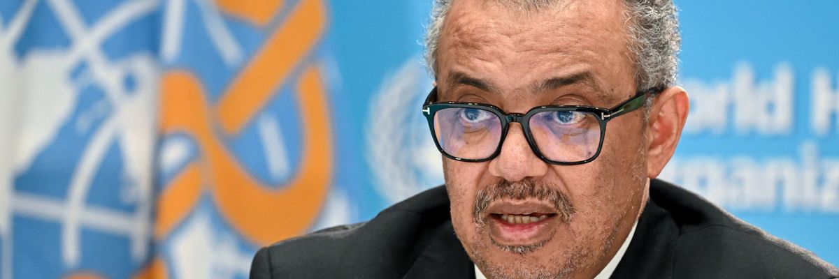 World Health Organization chief Tedros Adhanom Ghebreyesus speaks during a press conference on the WHO's 75th anniversary in Geneva on April 6, 2023.
