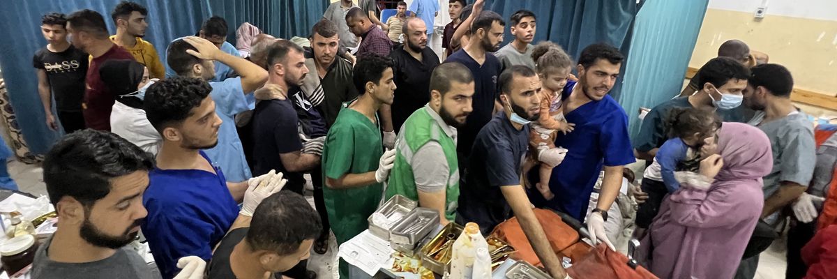 Wounded people receive treatment at the Aqsa Indonesia Hospital