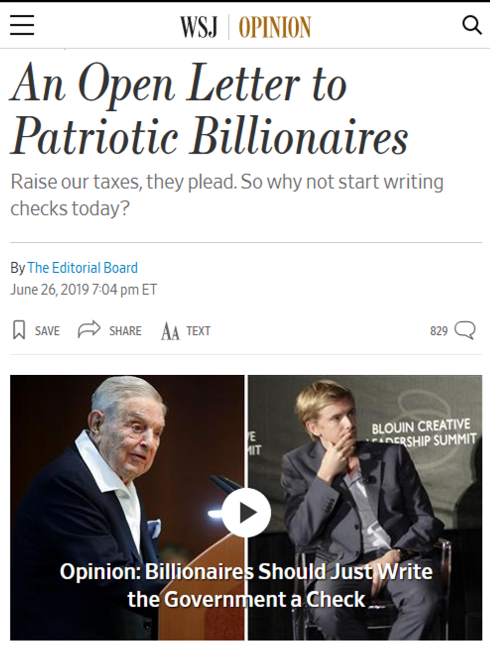 WSJ: An Open Letter to Patriotic Billionaires