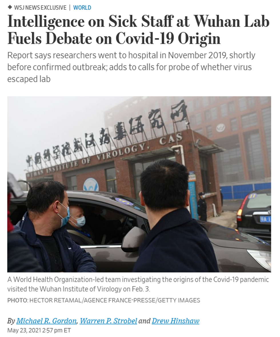 WSJ: Intelligence on Sick Staff at Wuhan Lab Fuels Debate on Covid-19 Origin