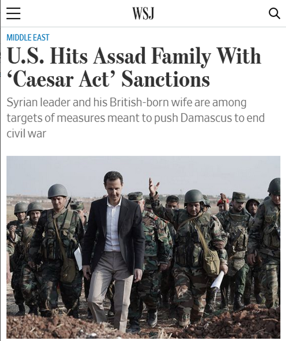 WSJ: U.S. Hits Assad Family With 'Caesar Act' Sanctions