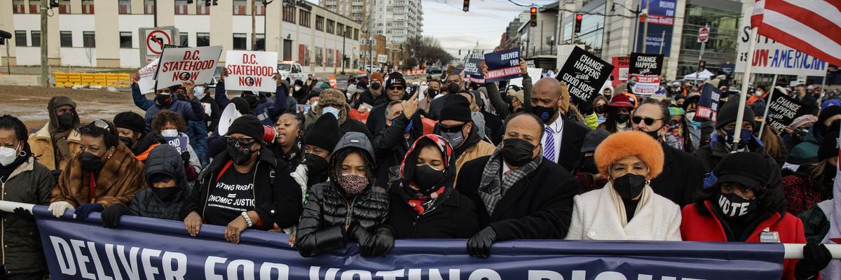 Yolanda Renee King, Arndrea Waters King, and Martin Luther King III lead the annual D.C. Peace Walk: Change Happens with Good Hope and a Dream across the Frederick Douglass Memorial Bridge for Dr. Martin Luther King Day on January 17, 2022 in Washington, D.C.