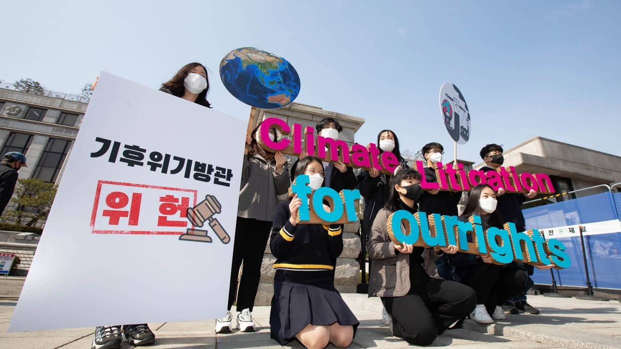 Youth4ClimateAction Korea activists demonstrate outside the Constitutional Court of Korea
