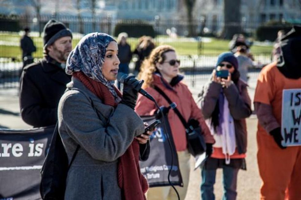 Zainab Chaudry of the Council on American-Islamic Relations addresses a rally to close Guantanamo at the White House on January 11, 2015.  (WNV/Justin Norman)