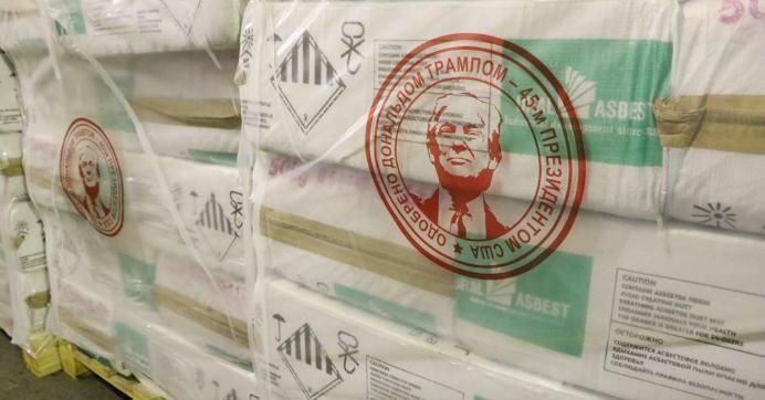 Russian Asbestos Company Puts Trump's Face, Seal of Approval, on Pallets of Its Products