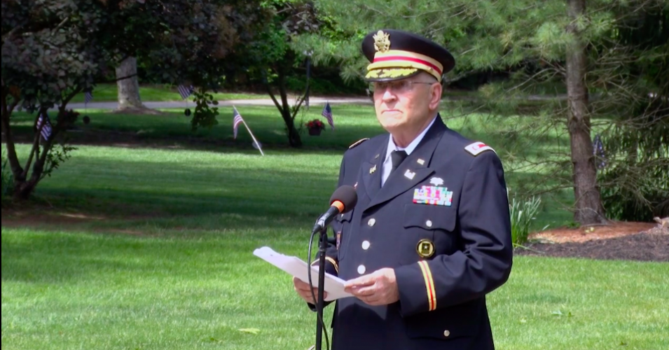 Retired Army Lt. Col. Barnard Kemter speaking at a Memorial Day event in Hudson, Ohio.