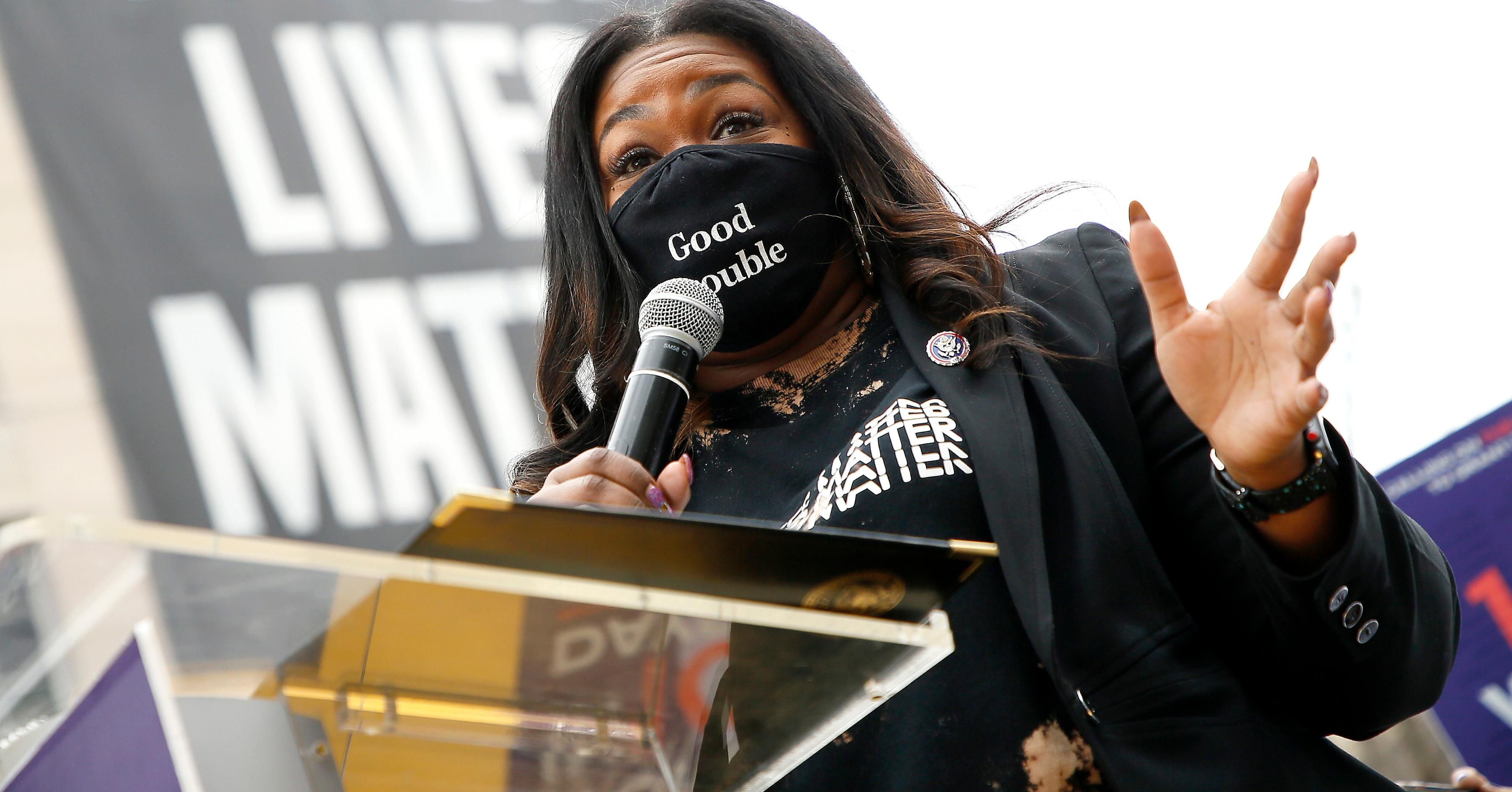 Rep. Cori Bush (D-MO) speaks at The National Council for Incarcerated Women and Girls "100 Women for 100 Women" rally in Black Lives Matter Plaza near The White House on March 12, 2021 in Washington, DC. The organization and its supporters are urging President Joe Biden to release 100 women currently incarcerated in federal prison. 