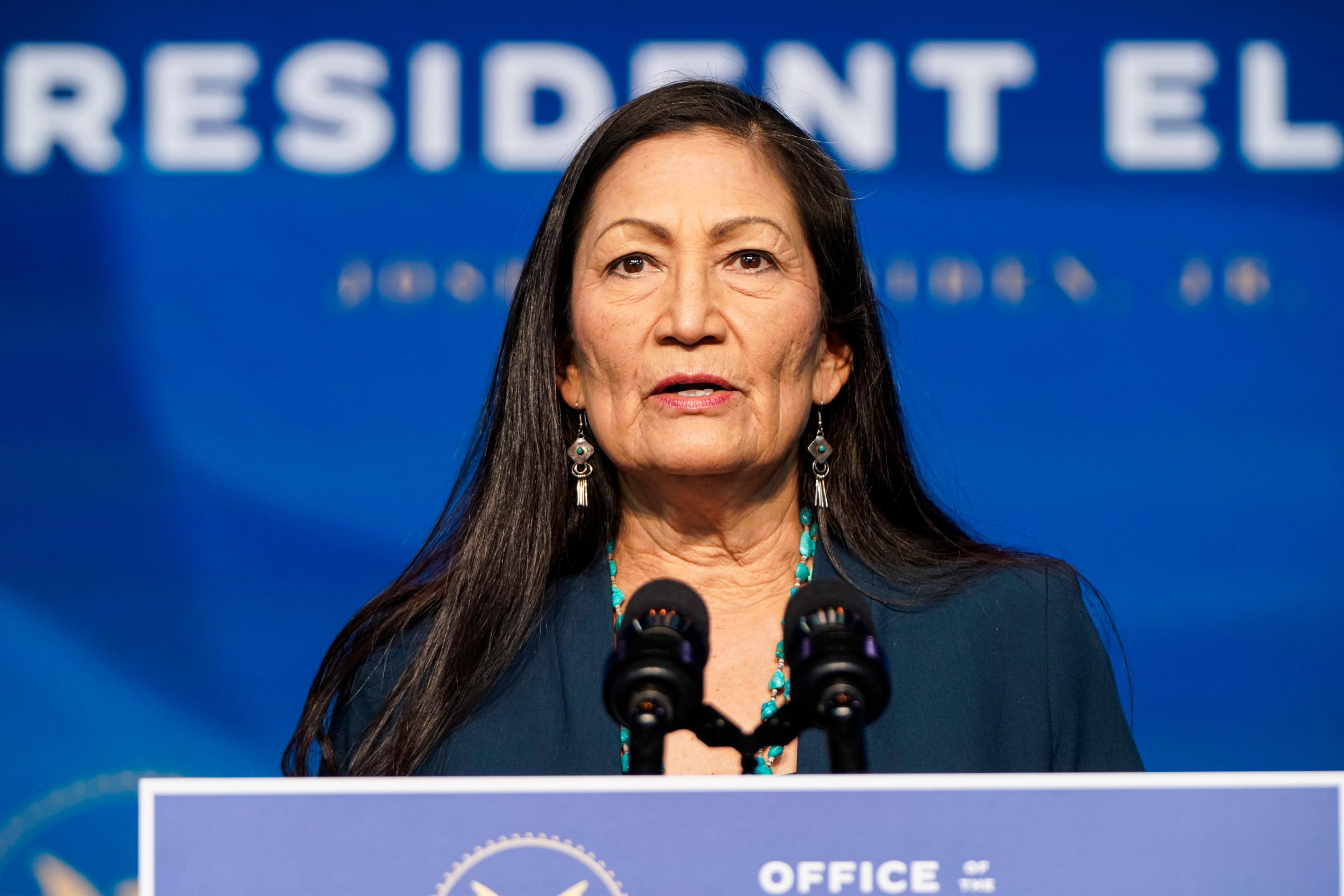Then-nominee for Interior Secretary, Rep. Deb Haaland (D-N.M.), speaks after then-President-elect Joe Biden announced his climate and energy appointments at the Queen Theater on December 19, 2020 in Wilmington, Delaware. (Photo: Joshua Roberts viaGetty Images)