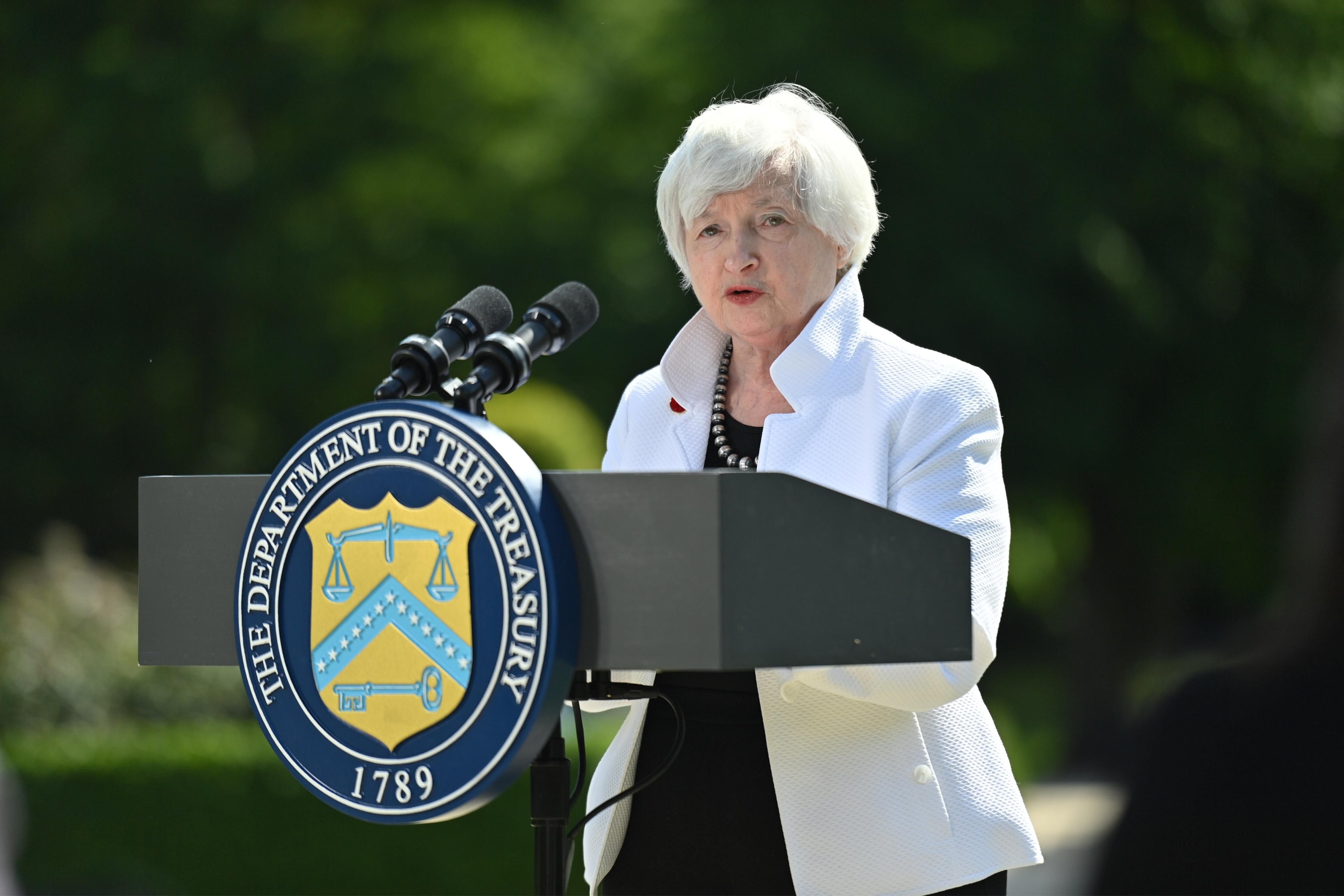 Treasury Secretary Janet Yellen speaks during a press conference