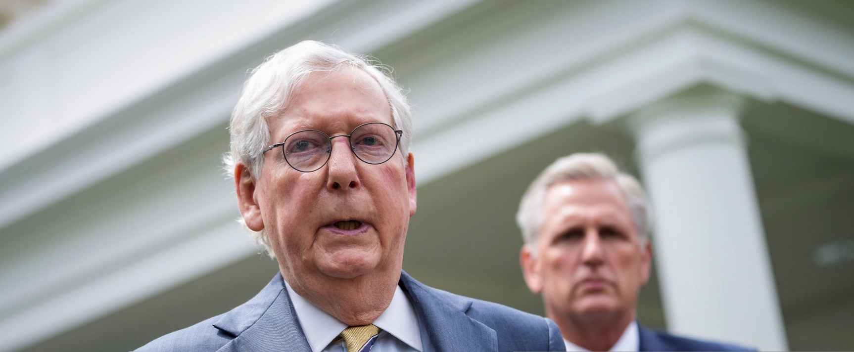 Senate Minority Leader Mitch McConnell (R-KY) and House Minority Leader Kevin McCarthy (R-CA) address reporters outside the White House after their Oval Office meeting with President Joe Biden on May 12, 2021 in Washington, DC.