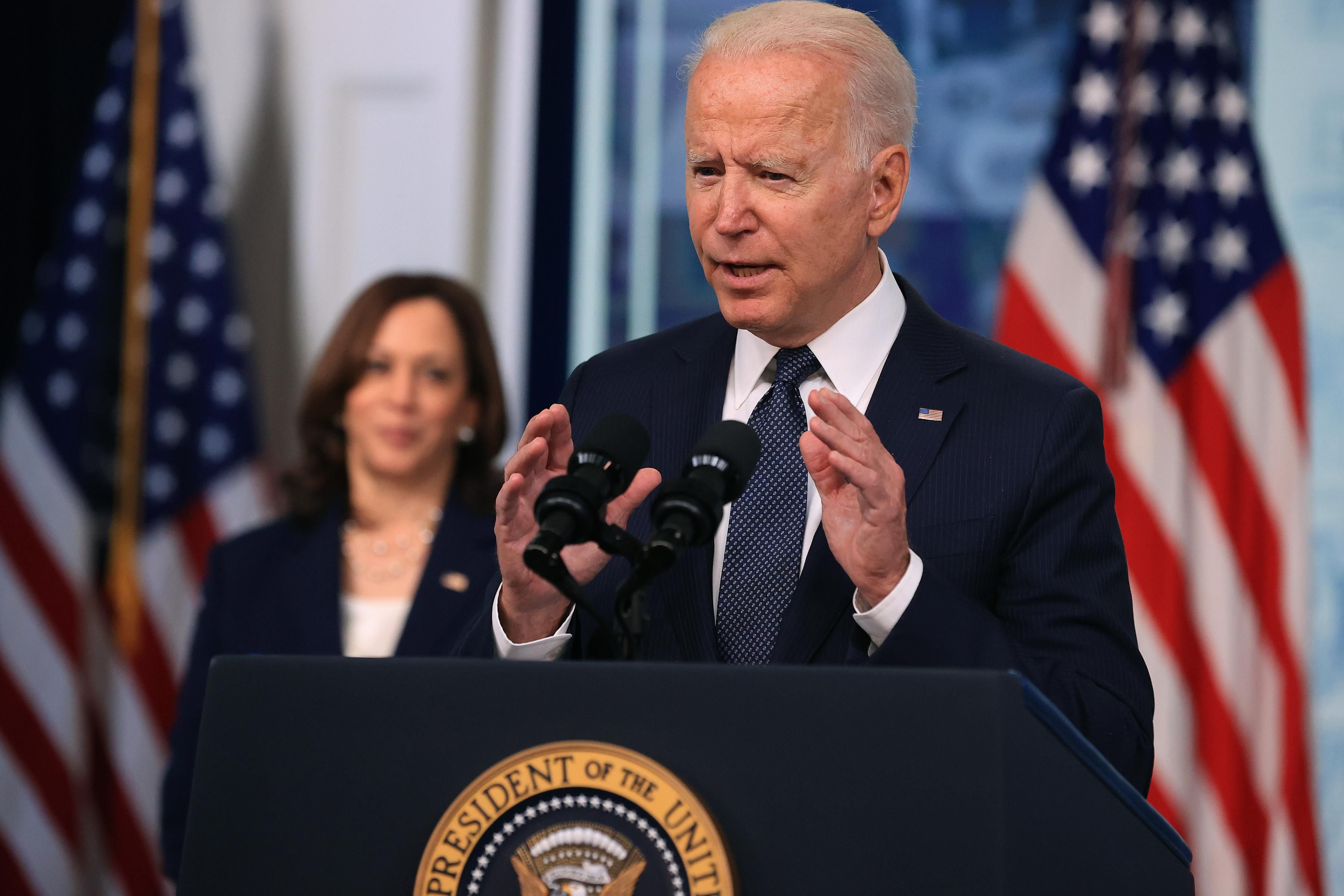 President Joe Biden speaks during a press conference