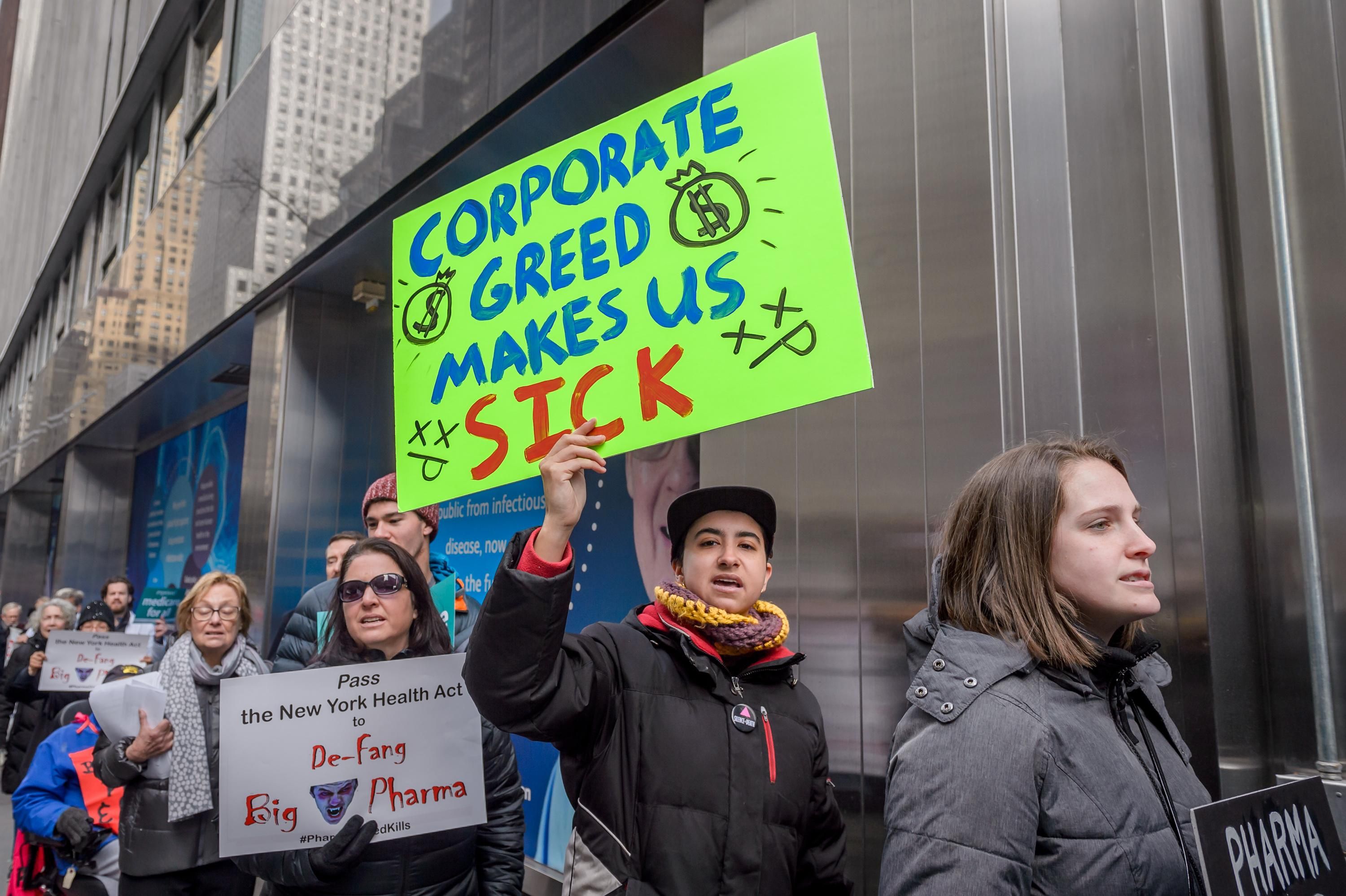 Medical professionals, medical students, ACT UP New York, and their supporters protested outside Pfizer's headquarters in New York City on March 3, 2019. (Photo: Erik McGregor/LightRocket via Getty Images)