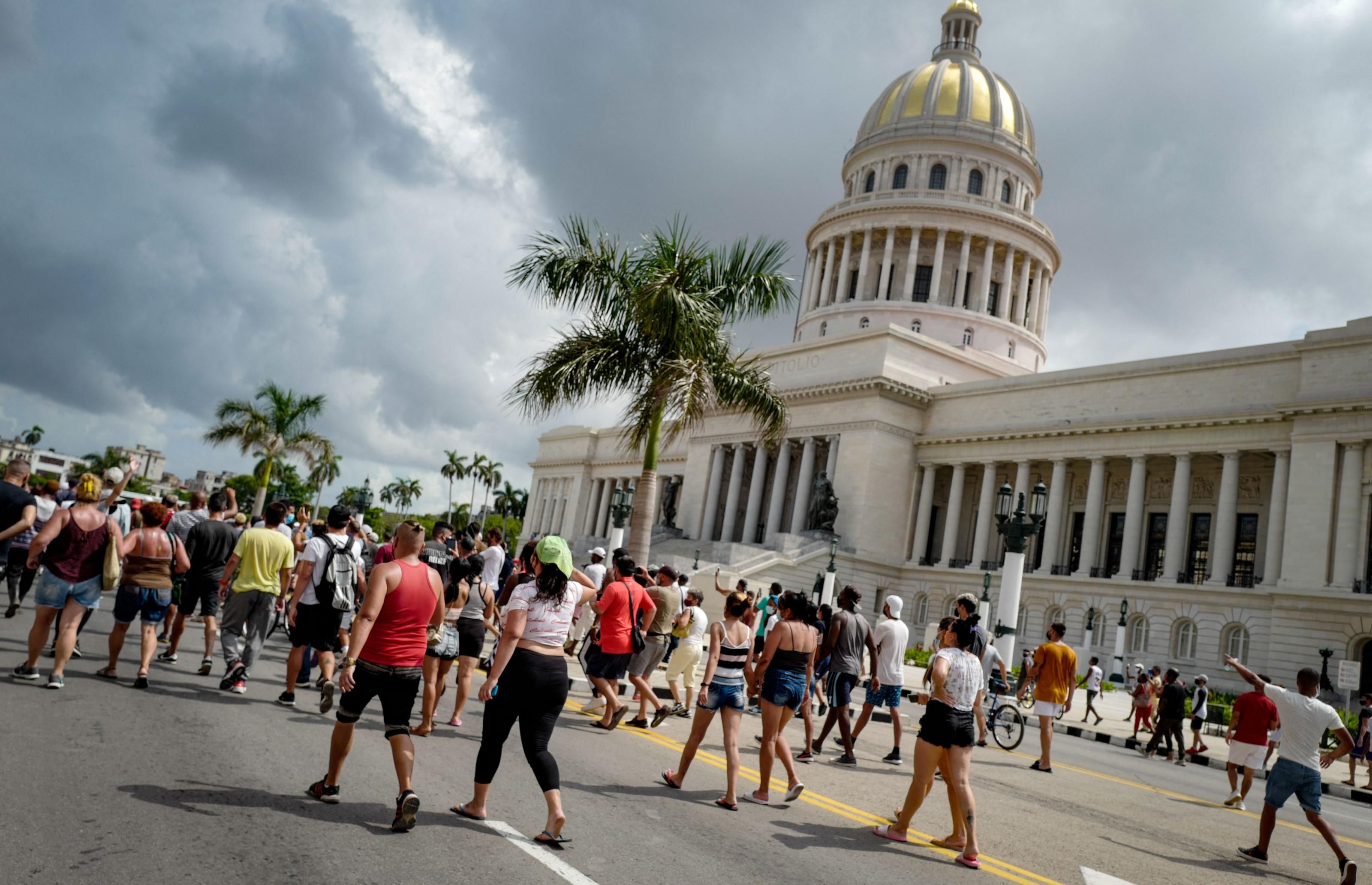 Cubans march in front of the nation's Capitol during a demonstration against the government of Cuban President Miguel Diaz-Canel in Havana, on July 11, 2021. (Photo: Adalberto Roque/AFP via Getty Images)