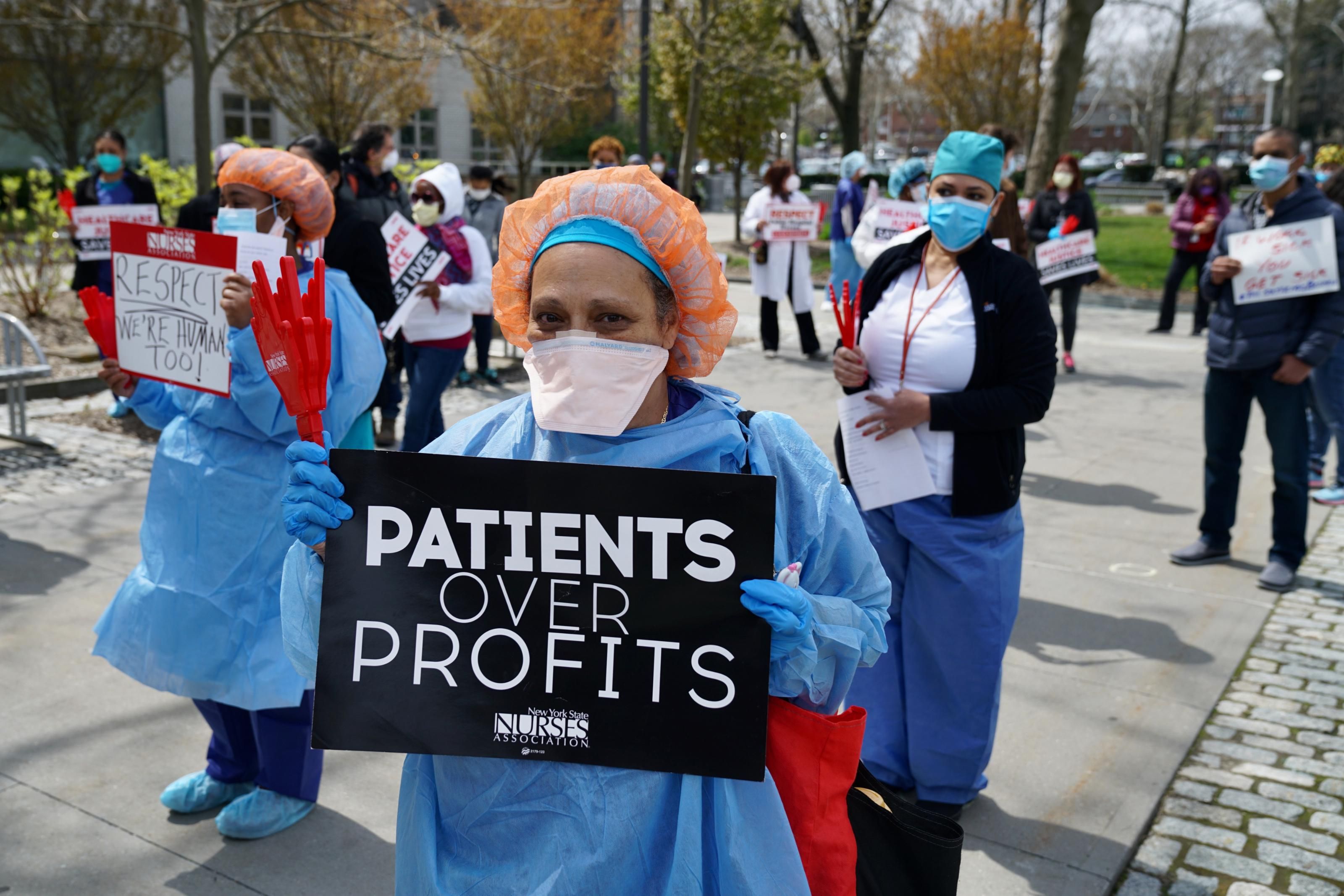 Public health workers, doctors, and nurses protest over lack of sick pay and personal protective equipment outside a hospital in the Bronx on April 17, 2020. (Photo: Giles Clarke via Getty Images)