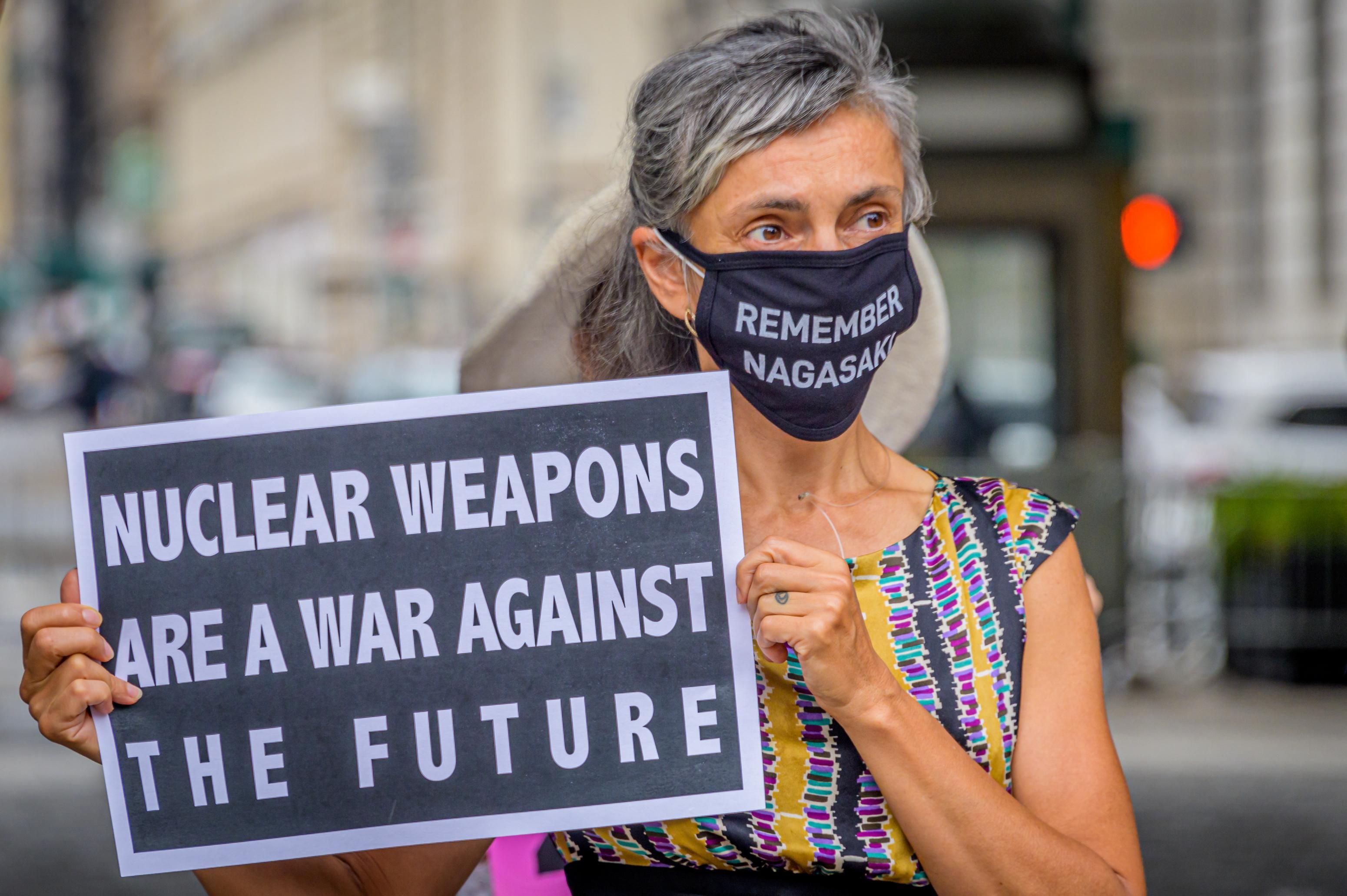 Members of the New York Campaign to Abolish Nuclear weapons gathered in Manhattan on August 6, 2020, the 75th anniversary of the atomic bombing of the city of Hiroshima. (Photo: Erik McGregor/LightRocket via Getty Images)