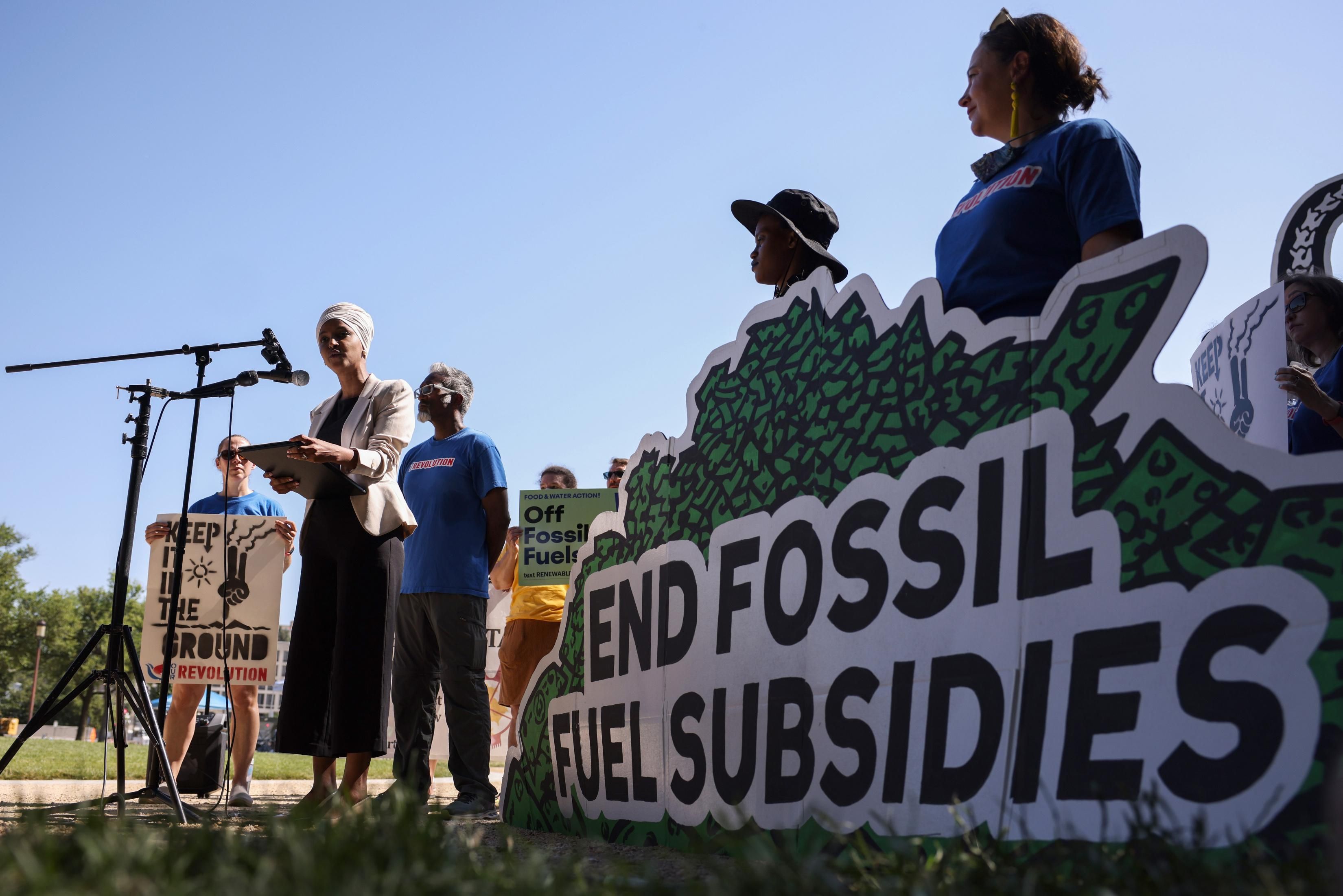 Rep. Ilhan Omar (D-Minn.) speaks at an "End Fossil Fuel" rally organized by Our Revolution near the U.S. Capitol on June 29, 2021 in Washington, D.C. Demonstrators called on Congress to take action in ending fossil fuel subsidies. (Photo: Anna Moneymaker via Getty Images)