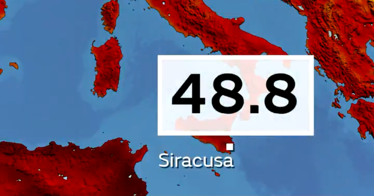 A map showing the high temperature recorded in Siracusa, Sicily on Wednesday