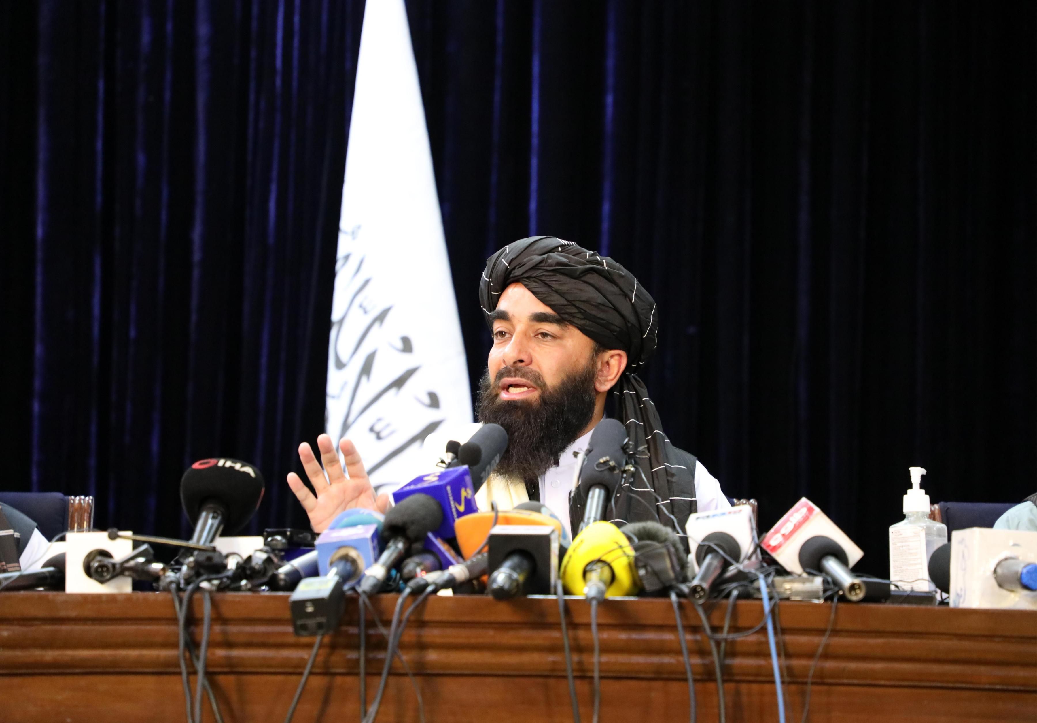 Taliban spokesperson speaks during a press conference