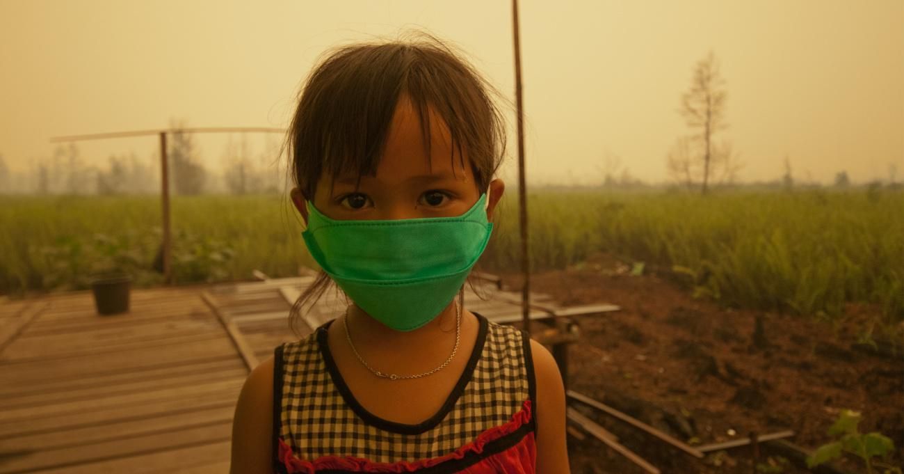 A child wears a face mask to protect from air pollution in Indonesia