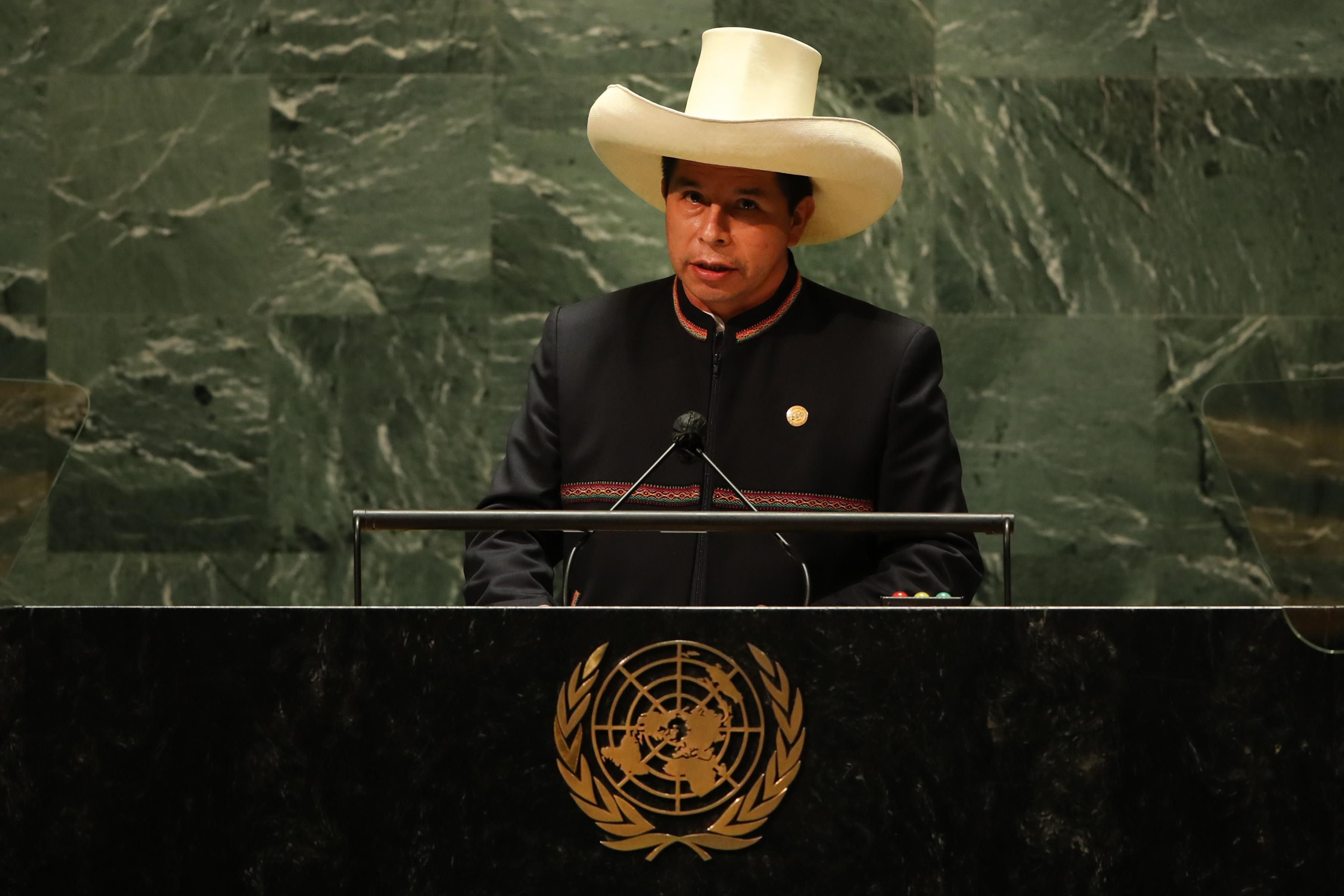 Peruvian President Pedro Castillo speaks at the U.N. General Assembly
