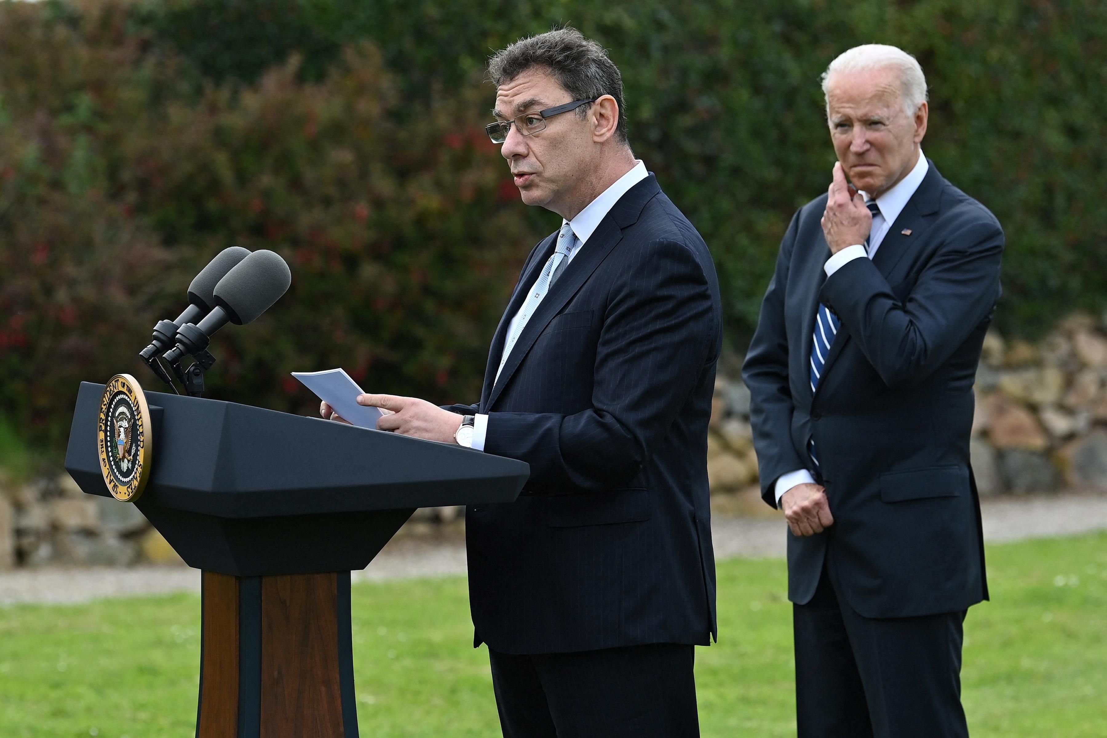 Pfizer CEO Albert Bourla speaks during a press conference