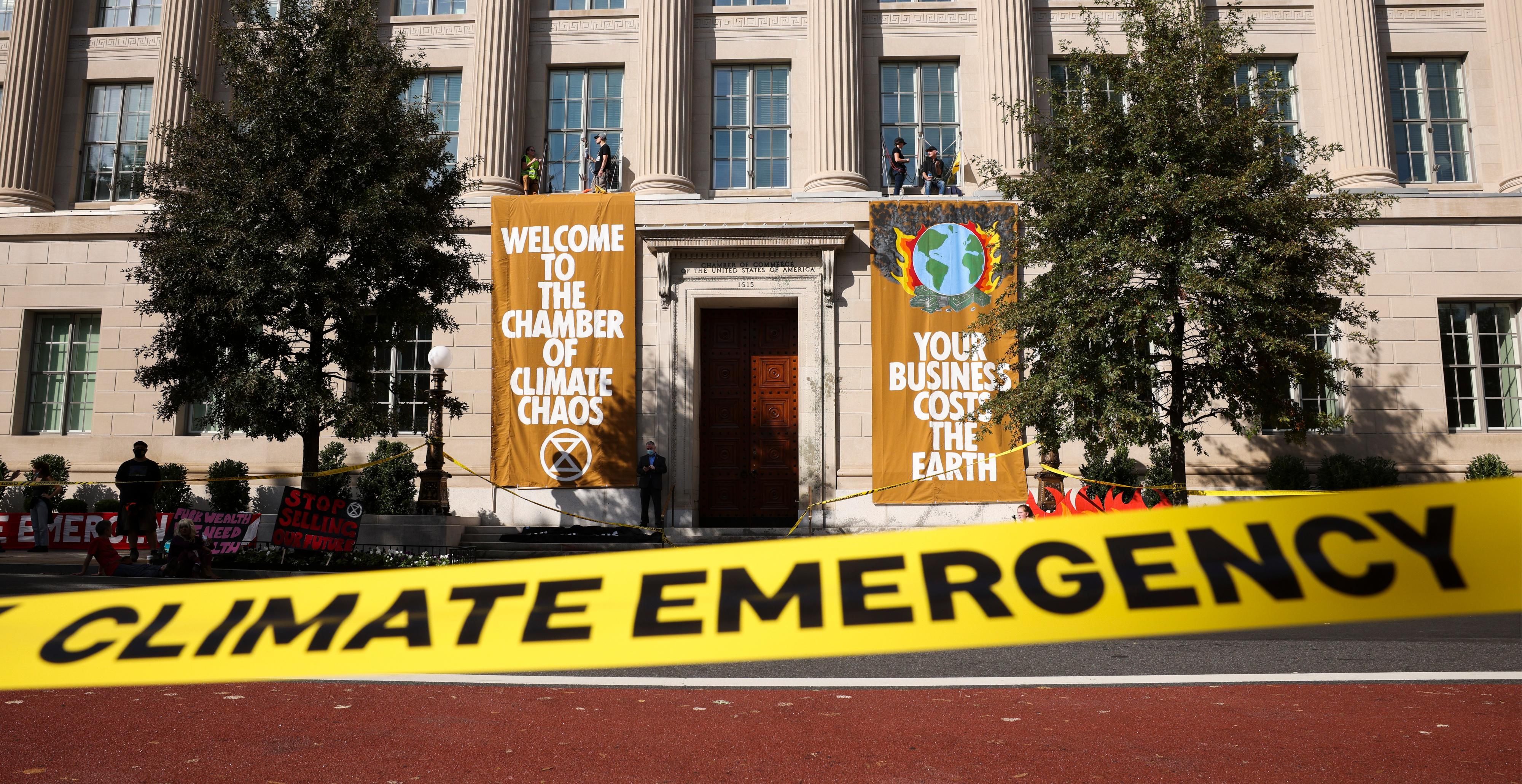 Climate Emergency tape outside the U.S. Chamber of Commerce HQ