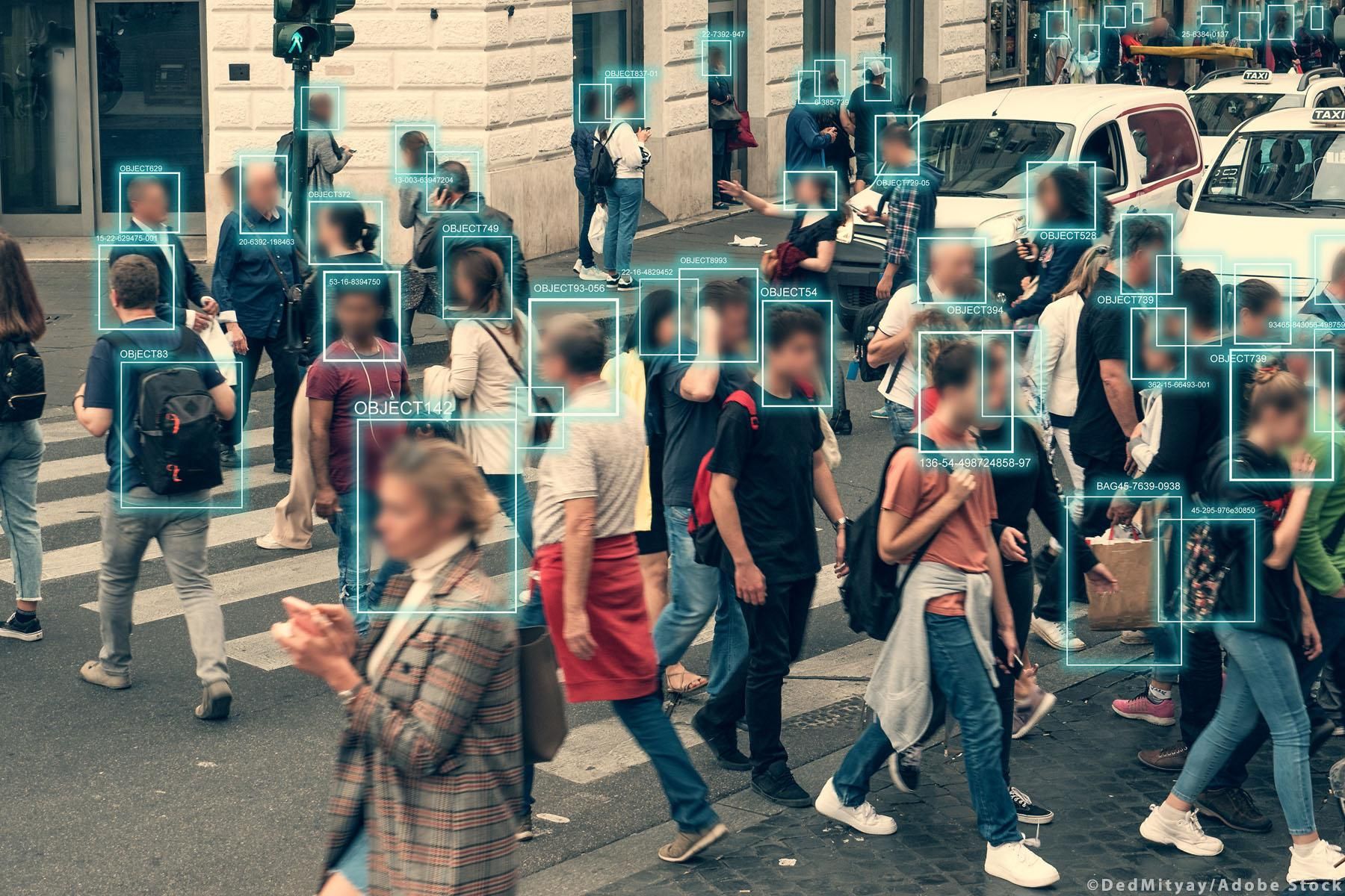 People walking with faces covered in AI data