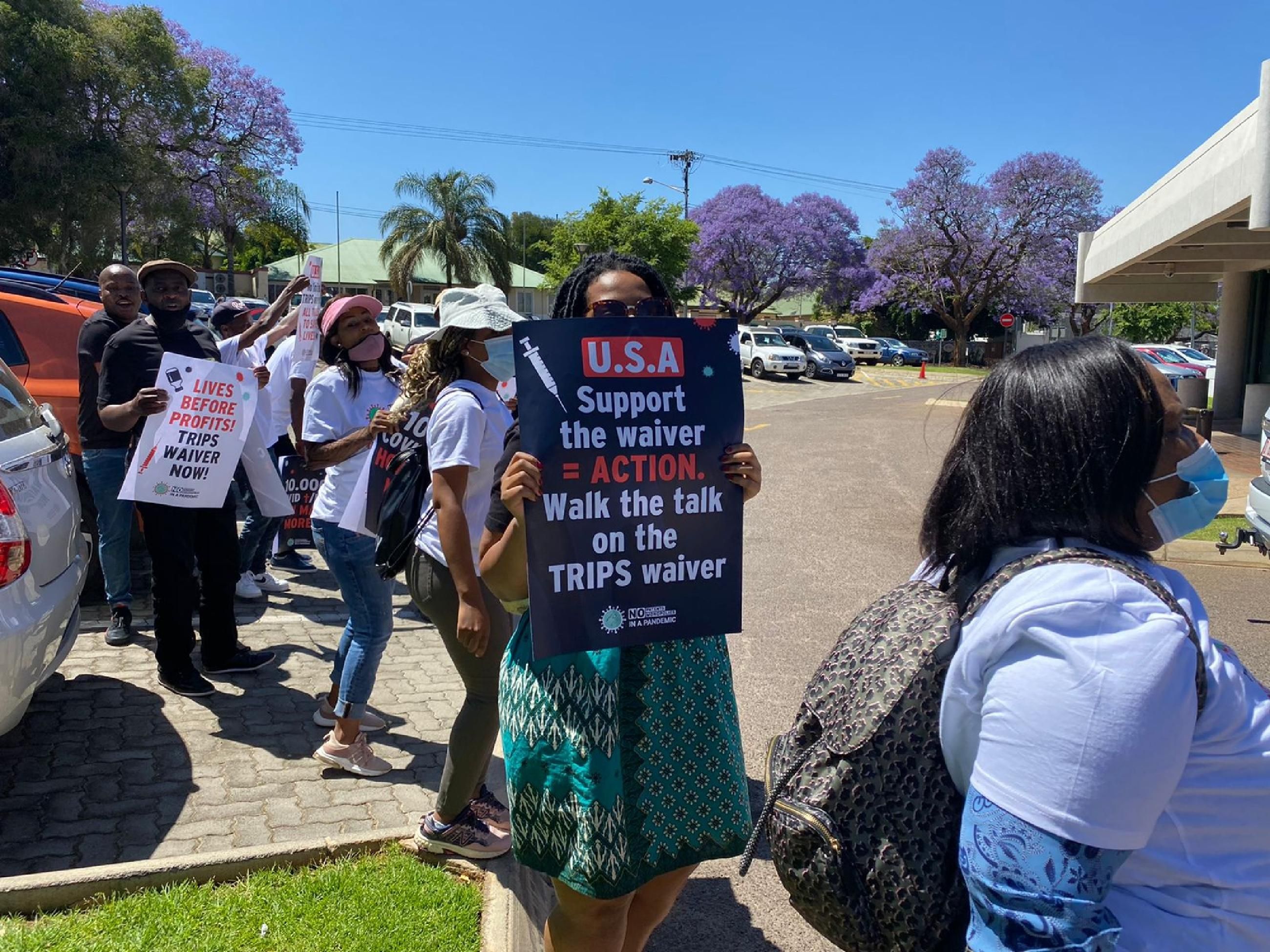 Demonstrators rally at the U.S. Embassy in South Africa