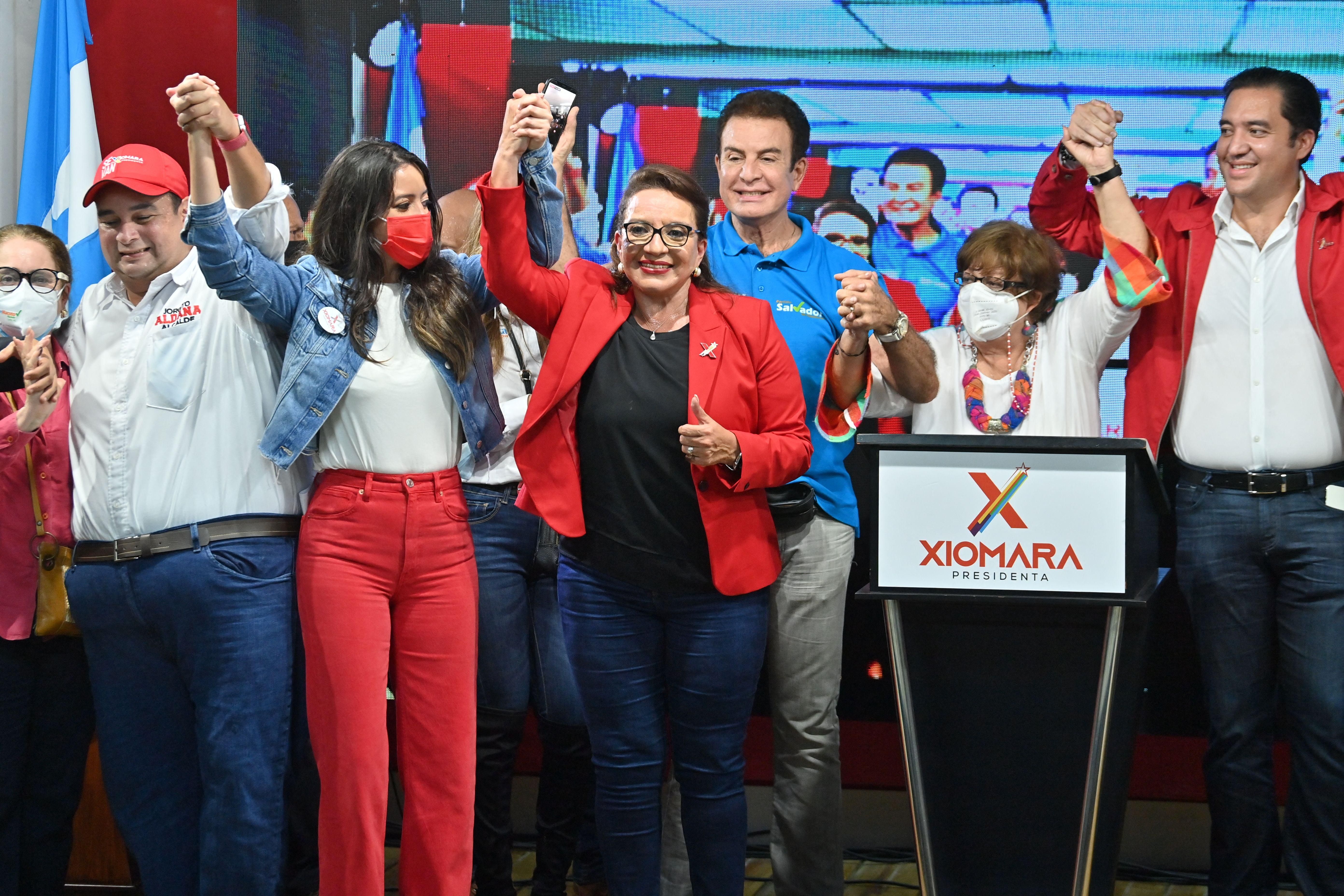 Honduran presidential candidate for the Libre party, Xiomara Castro, celebrates at the party's headquarters after general elections in Tegucigalpa, on November 28, 2021