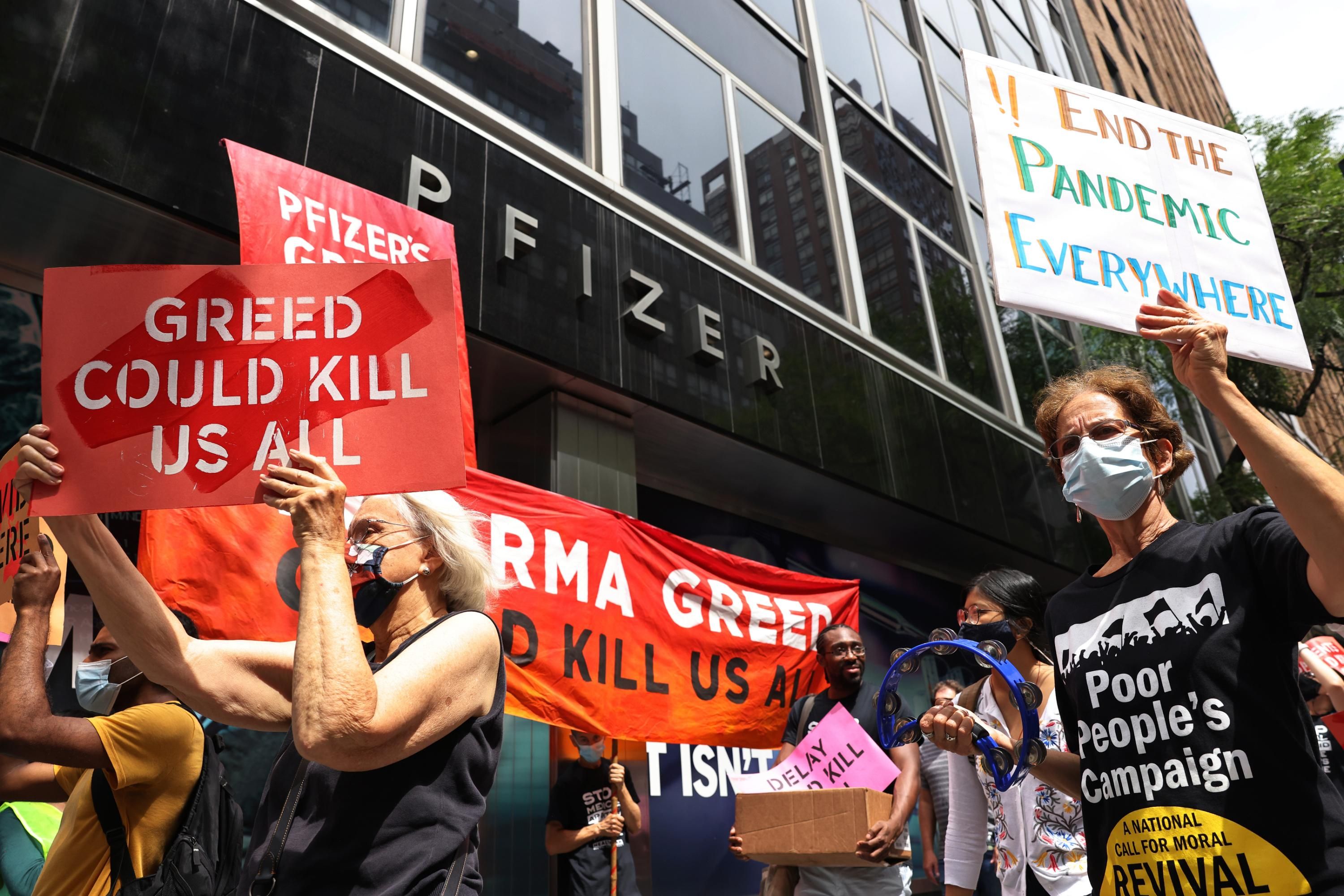 Demonstrators protest outside Pfizer's headquarters in Manhattan.