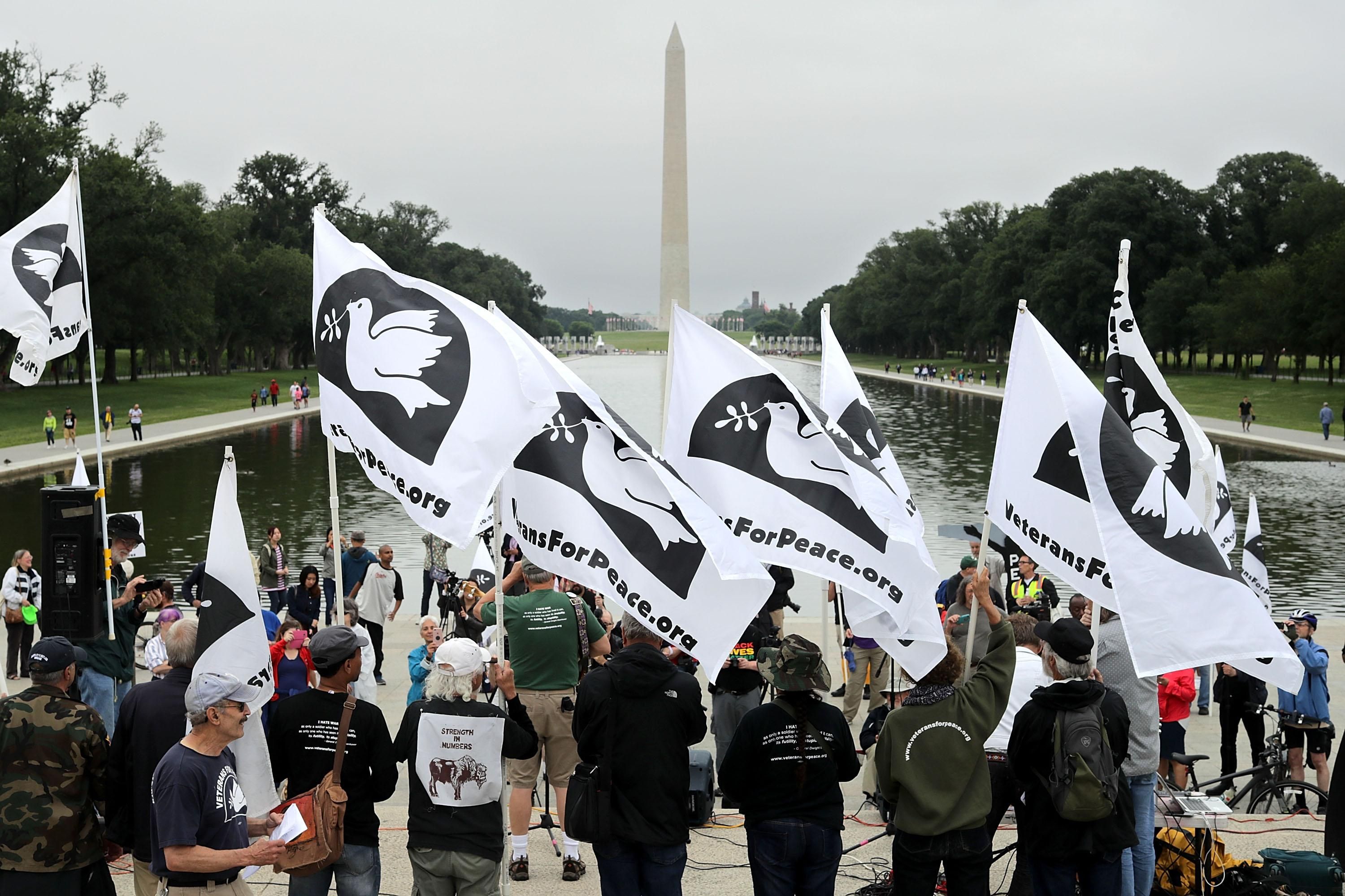 Members of Veterans for Peace rally in front of the Lincoln Memorial May 30, 2017 in Washington, D.C