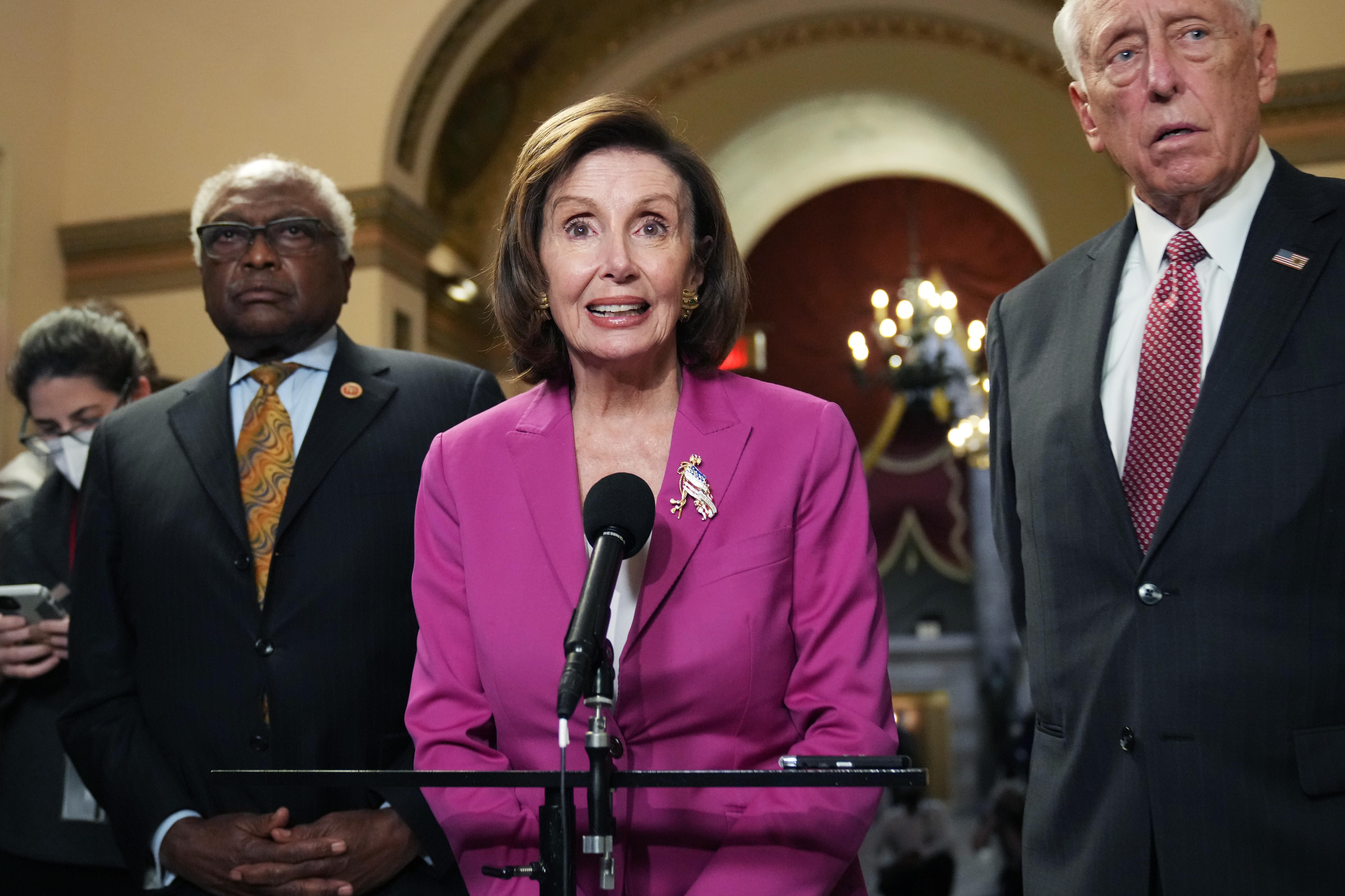 House Speaker Nancy Pelosi (D-Calif.), House Majority Leader Steny Hoyer (D-Md.), and House Majority Whip Jim Clyburn (D-S.C.) hold a press conference in the U.S. Capitol on Friday, November 5, 2021. (Photo: Tom Williams/CQ-Roll Call, Inc via Getty Images)