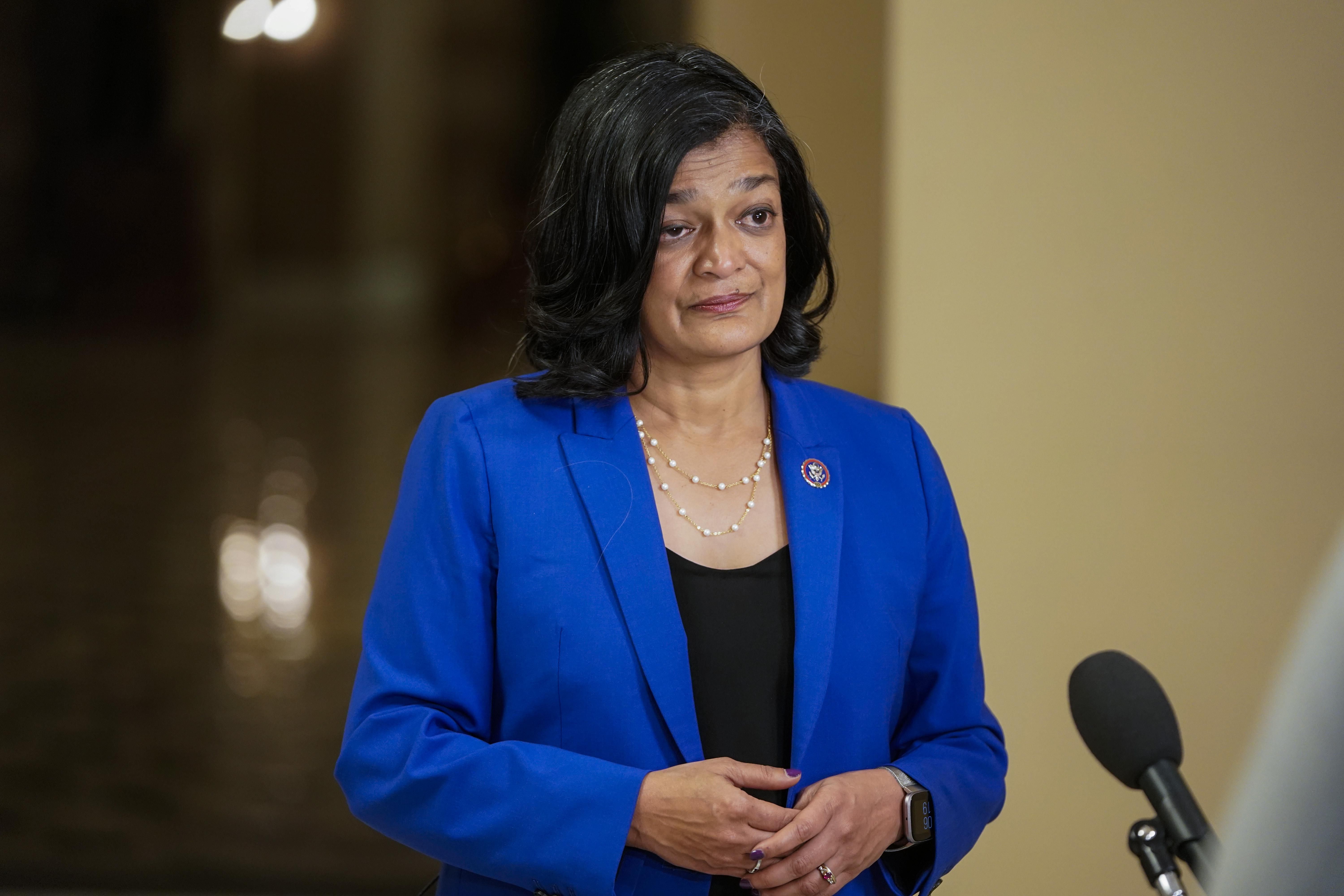 Rep. Pramila Jayapal (D-Wash.) speaks during an interview as House Democrats work on infrastructure and spending bills on Capitol Hill on November 4, 2021 in Washington, D.C. (Photo: Joshua Roberts via Getty Images)