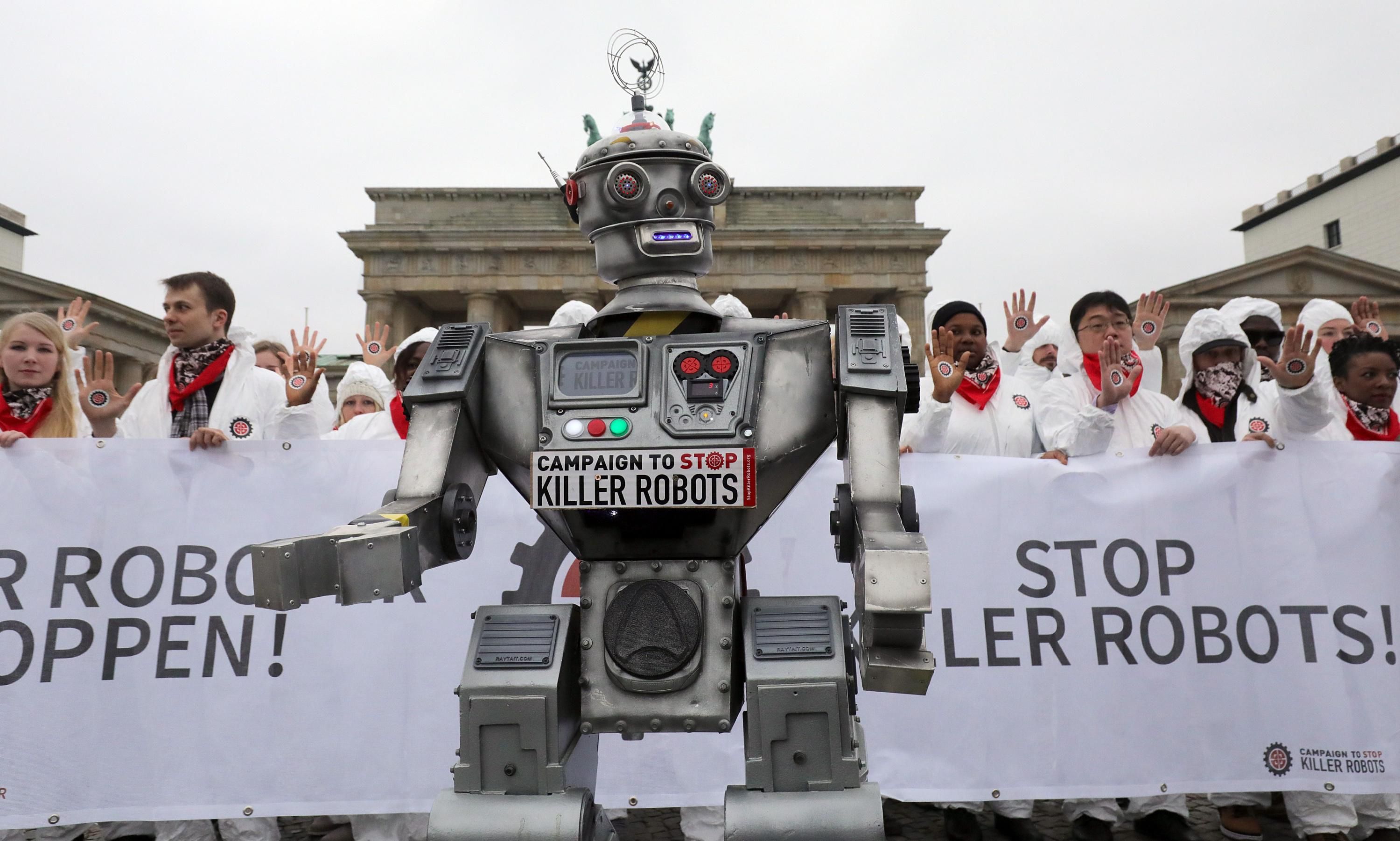 Demonstrators protest killer robots in Berlin.