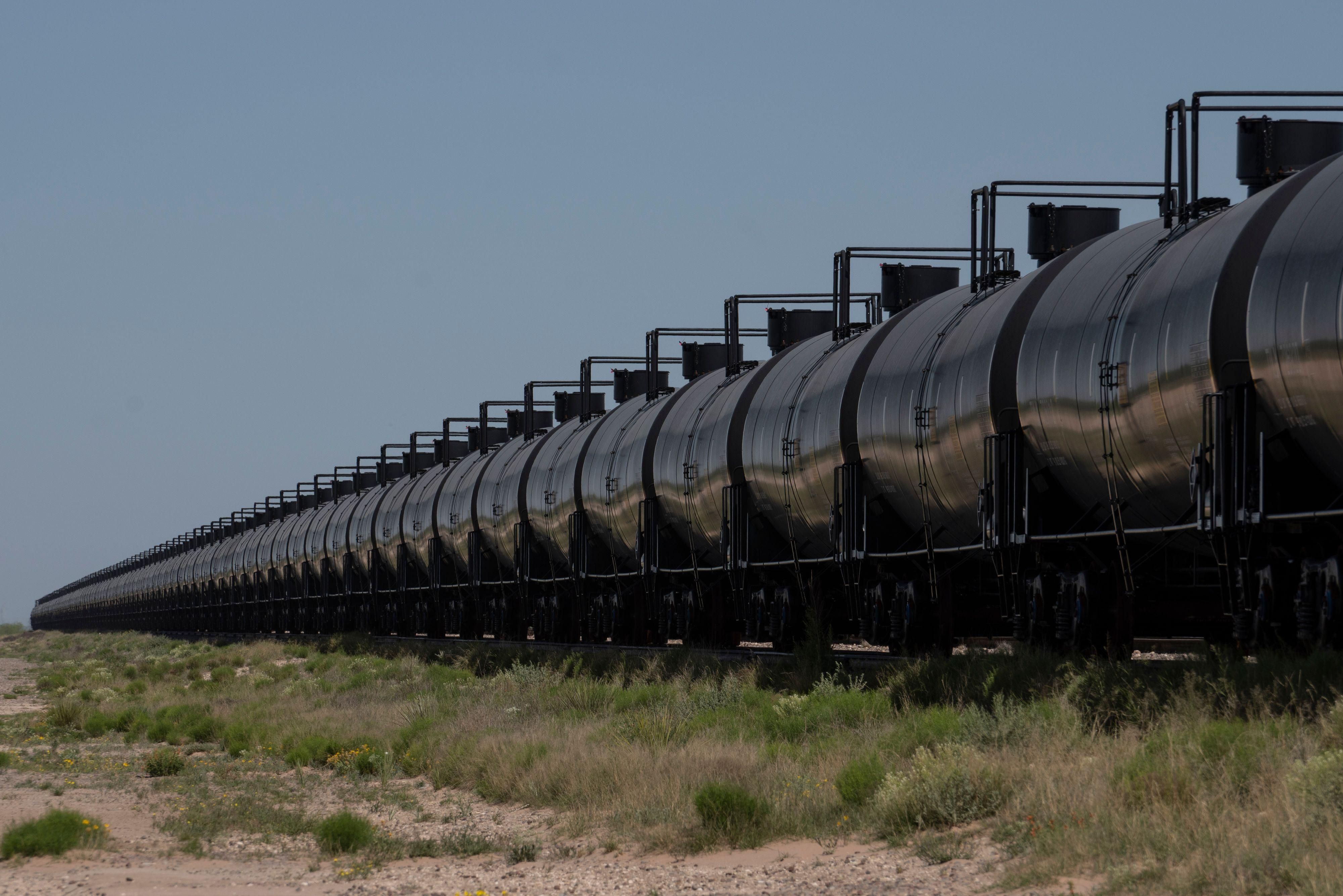 Rail cars carrying crude oil are seen on April 24, 2020 near Odessa, Texas.