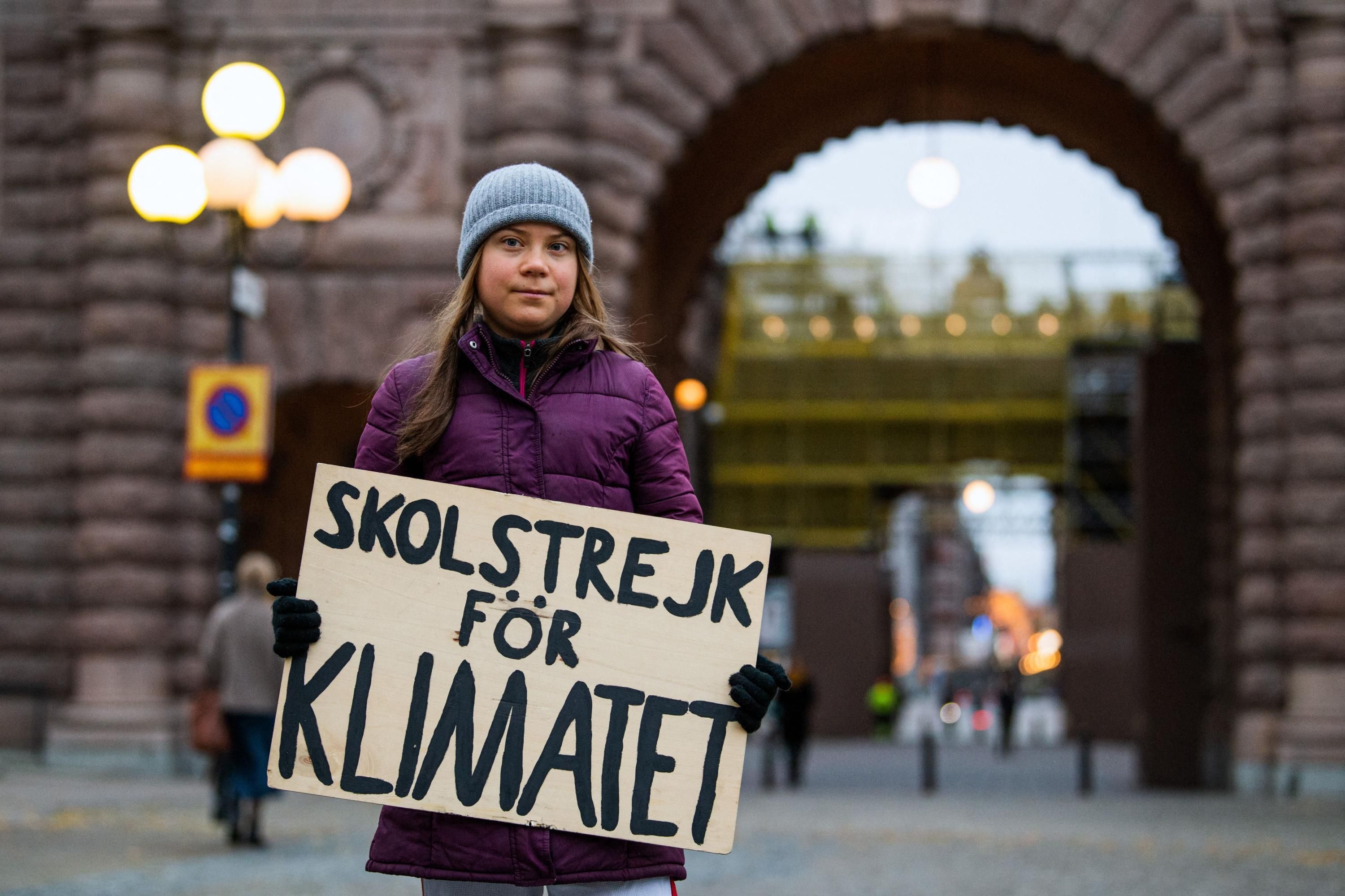 Greta Thunberg attends a protest in front of the Swedish Parliament
