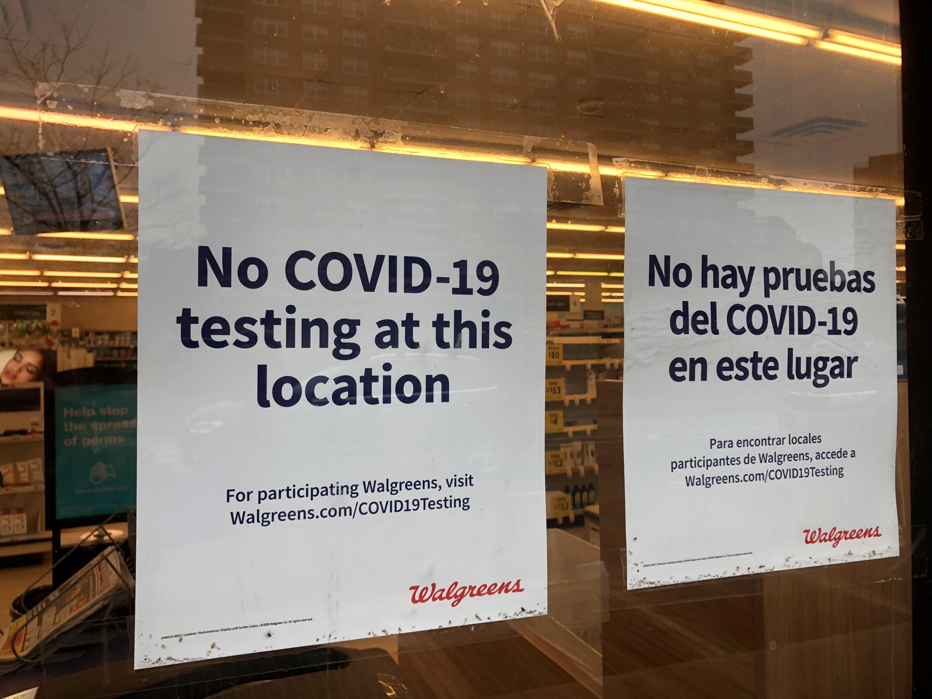 A sign says 'No Covid-19 testing at this location' in New York