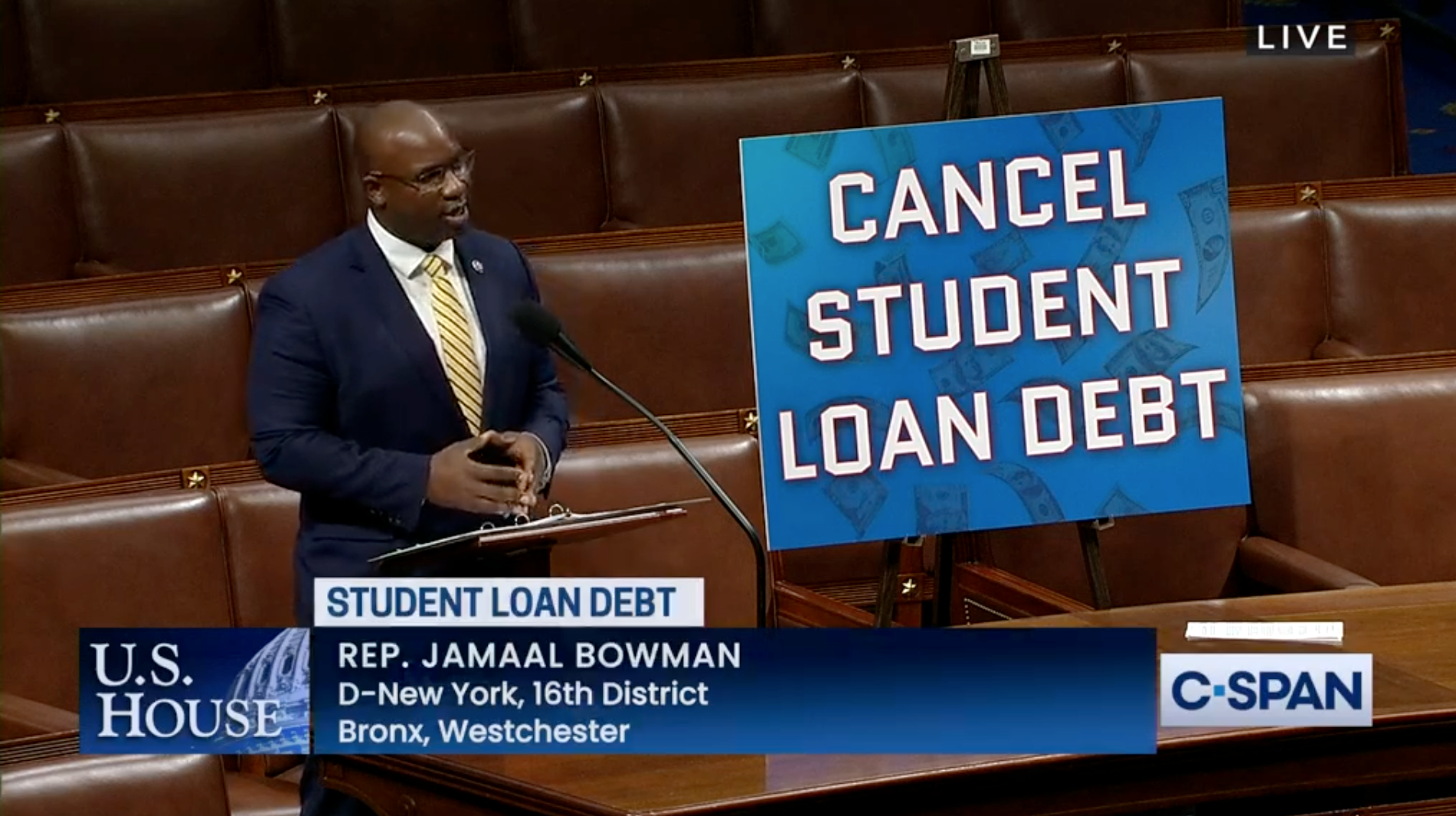 Rep. Jamaal Bown (D-N.Y.) speaks on the House floor Thursday and calls for the cancellation of student debt.