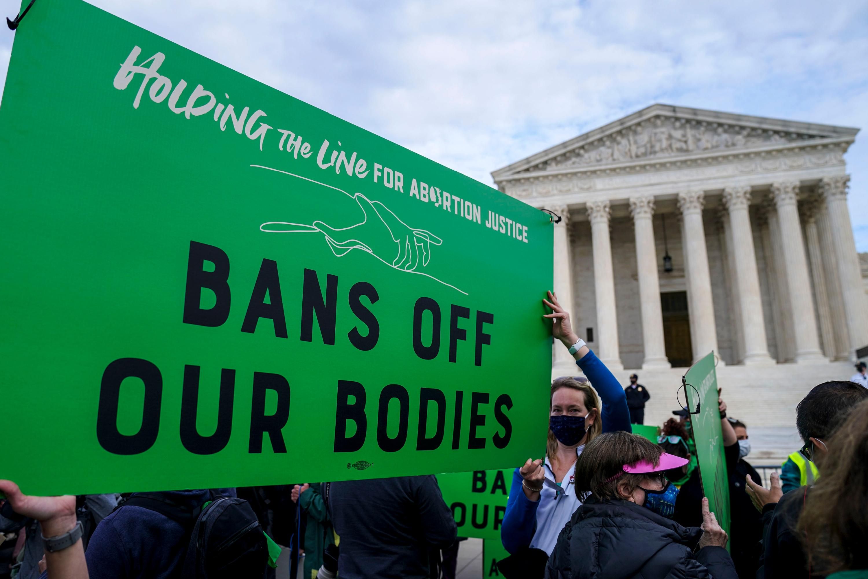 A sign reading "Bans off our bodies" at a pro-choice rally